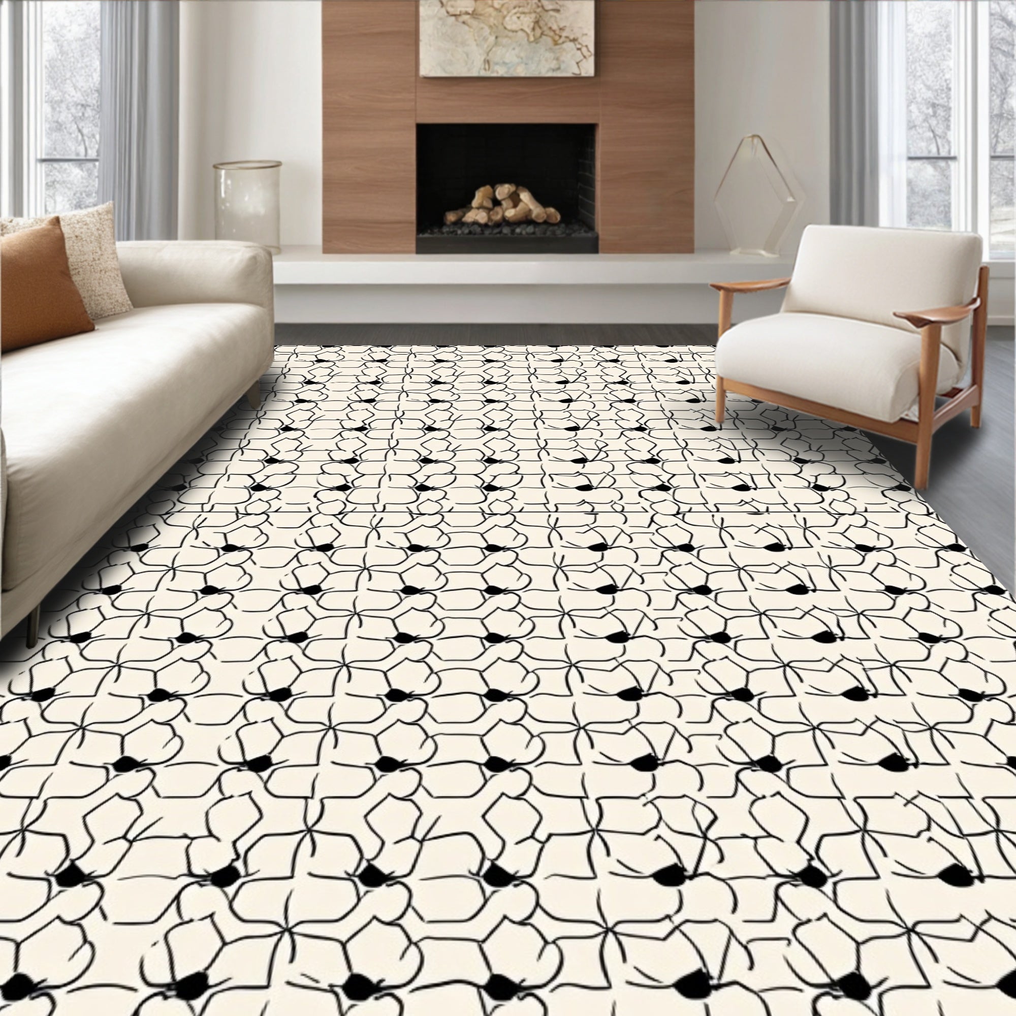 Black Outline Floral Repeating Pattern Rug