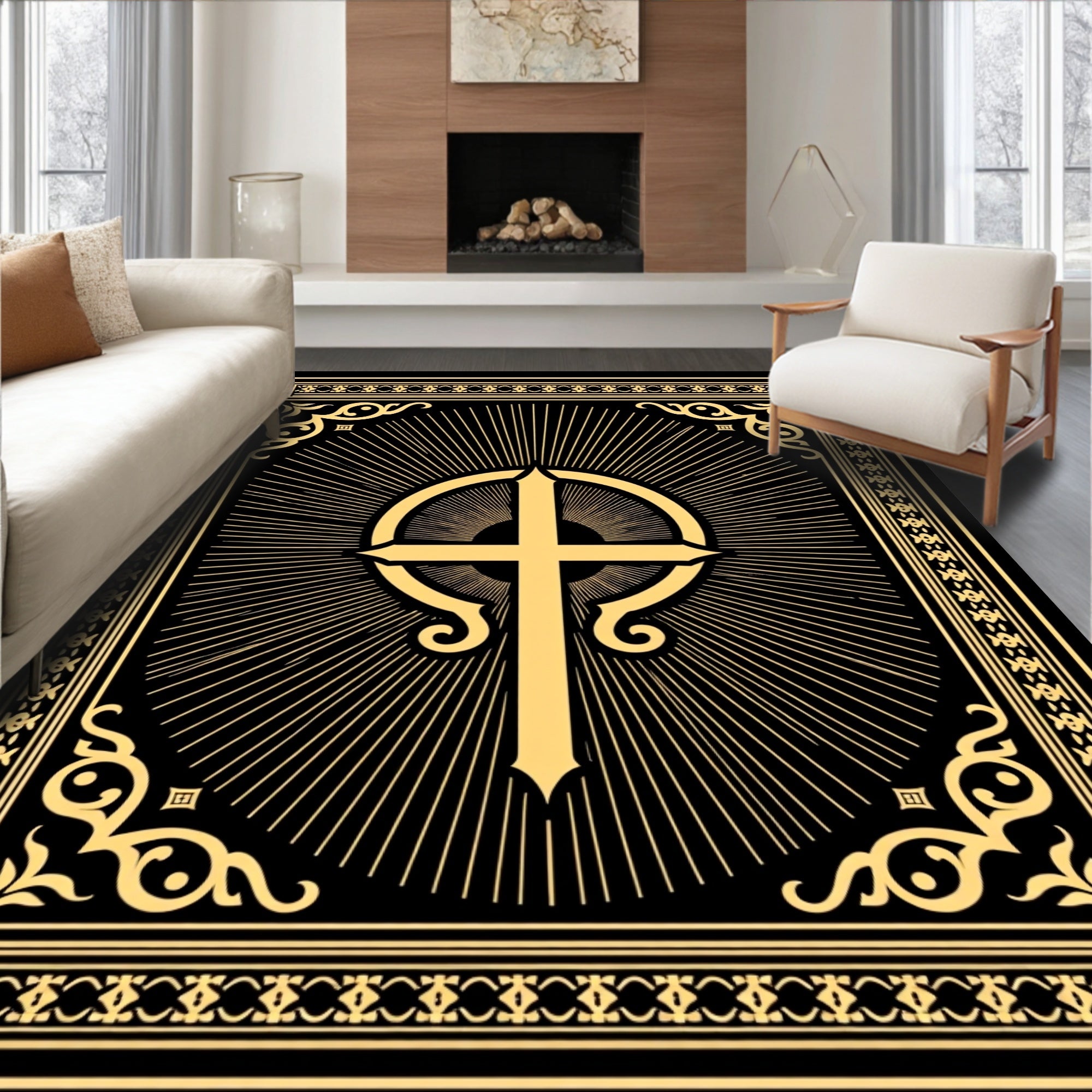 Ornate Gold Cross Radiant Border Rug