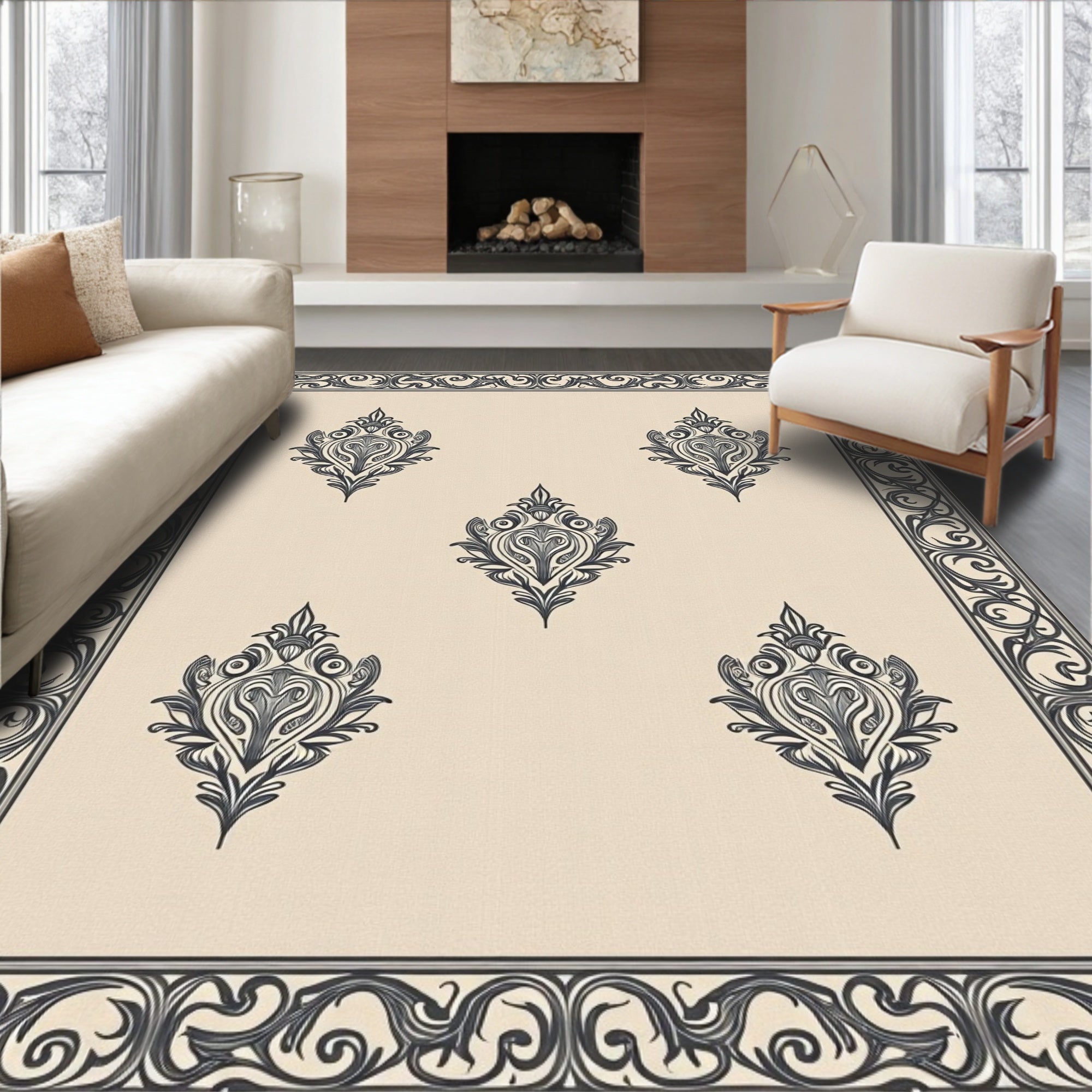 Ornate Ivory Centerpiece Damask Rug