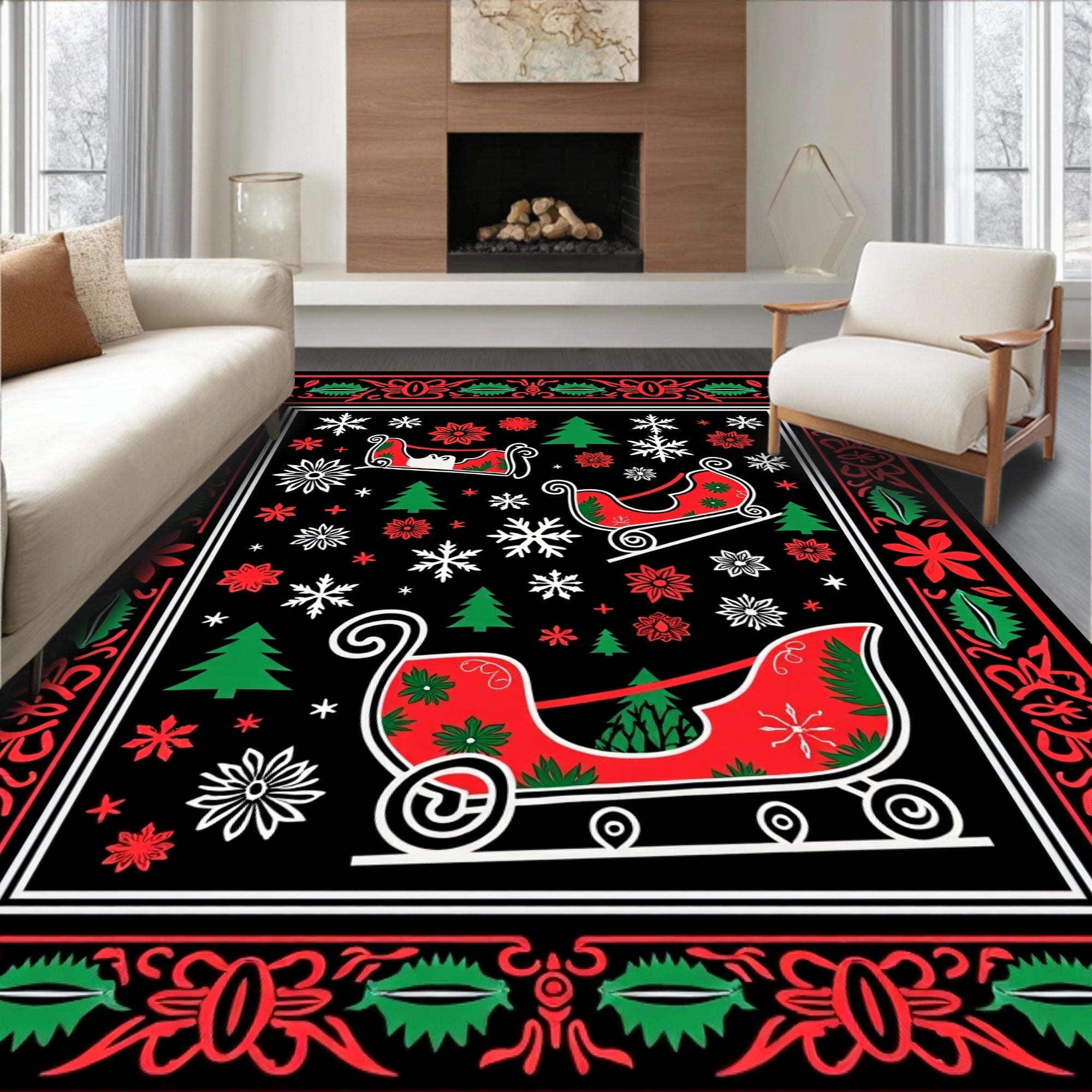Classic Red Green Sleigh Snowflakes Rug