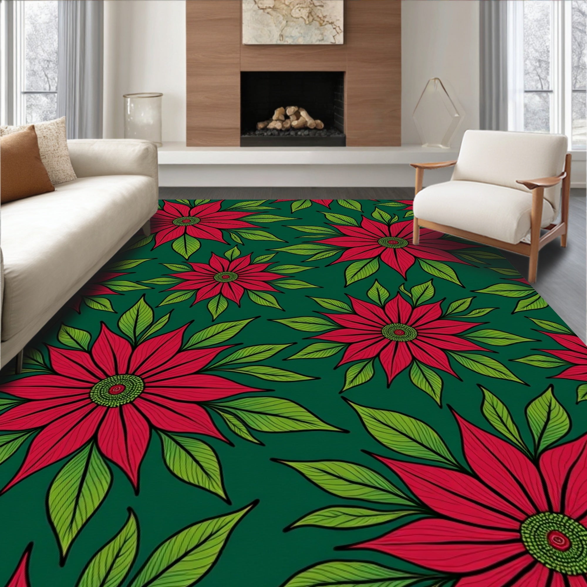 Crimson Red Floral Green Leaf Rug