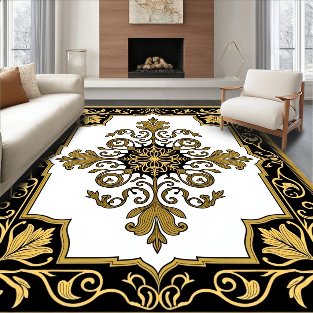 Gold Black Floral Medallion Border Rug