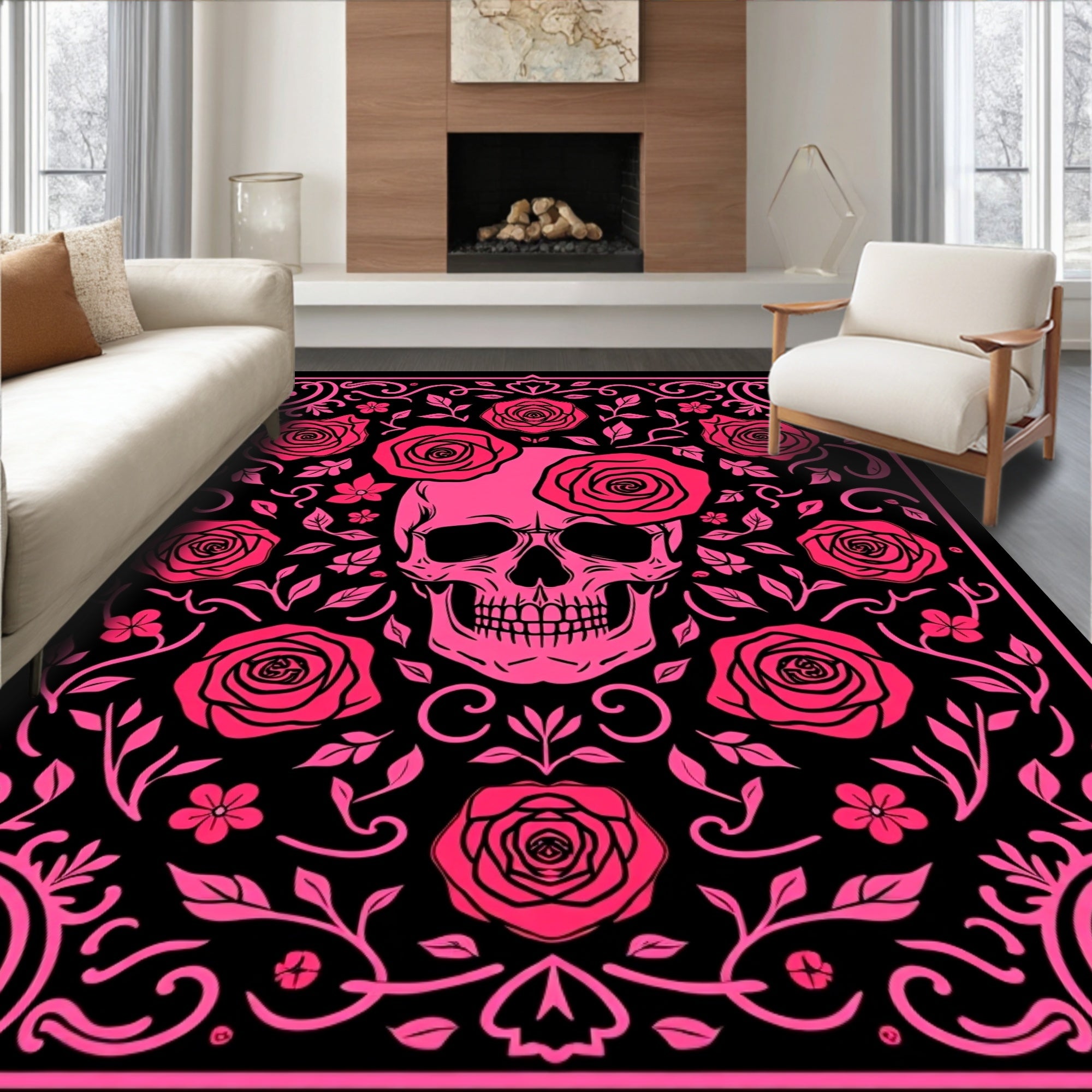 Pink Skull Roses Ornate Vine Rug