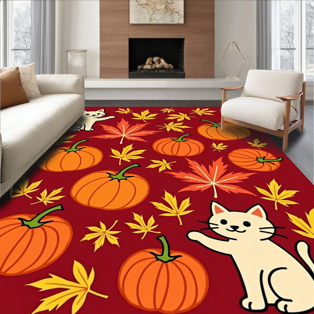 Whimsical Autumn Cats Pumpkins Leaves Rug