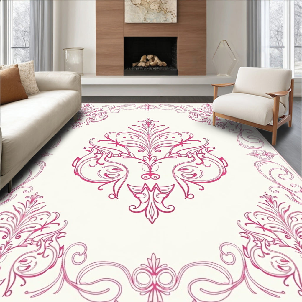 Ornate Pink Floral Damask Rug