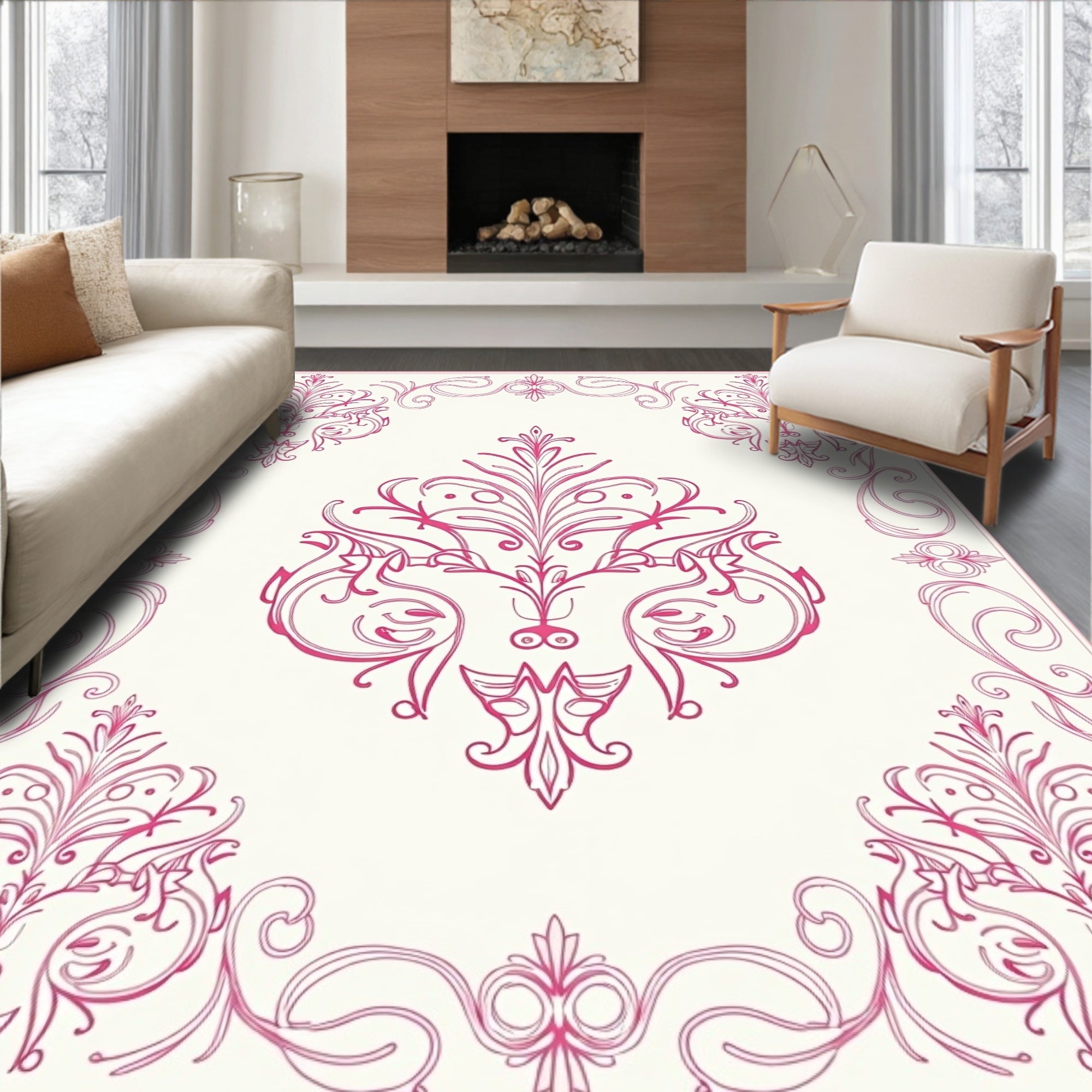 Ornate Pink Floral Damask Rug