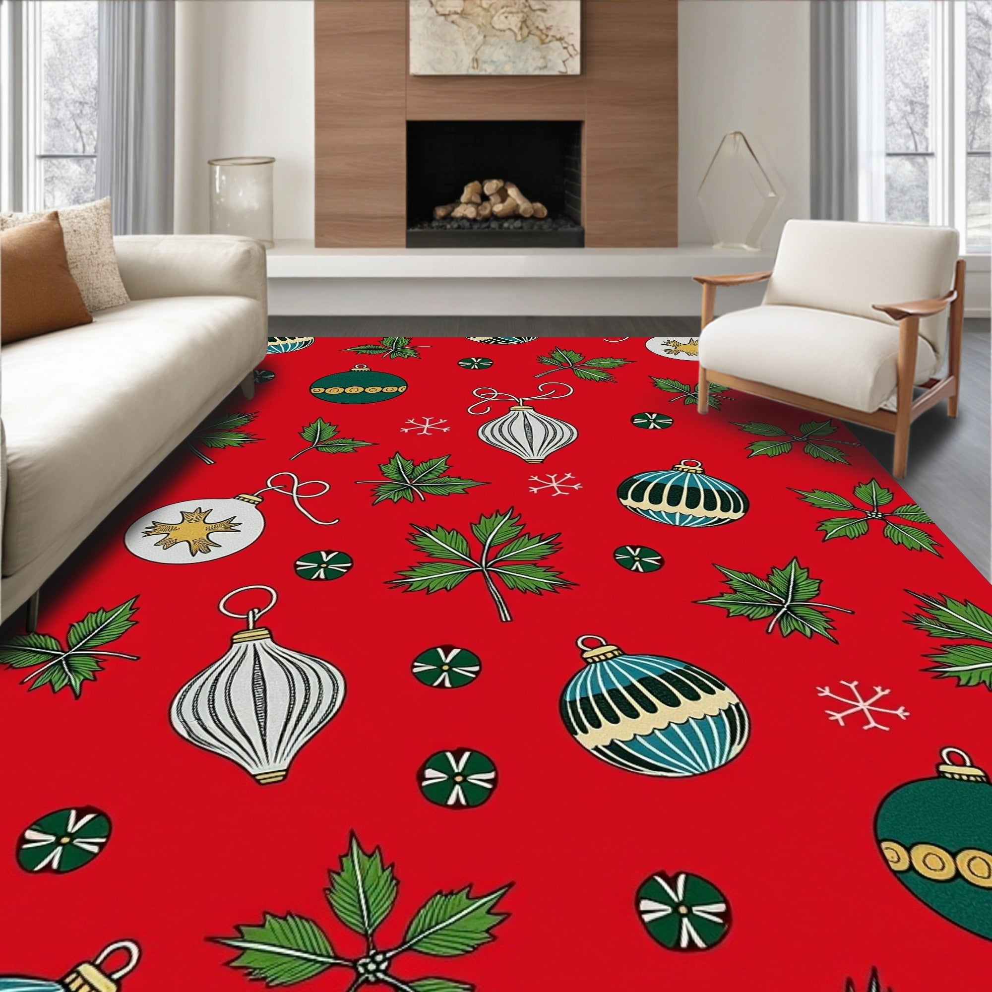 Festive Red Christmas Ornaments and Holly Rug