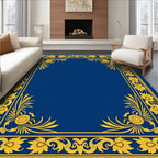 Royal Blue Golden Floral Scroll Frame Rug