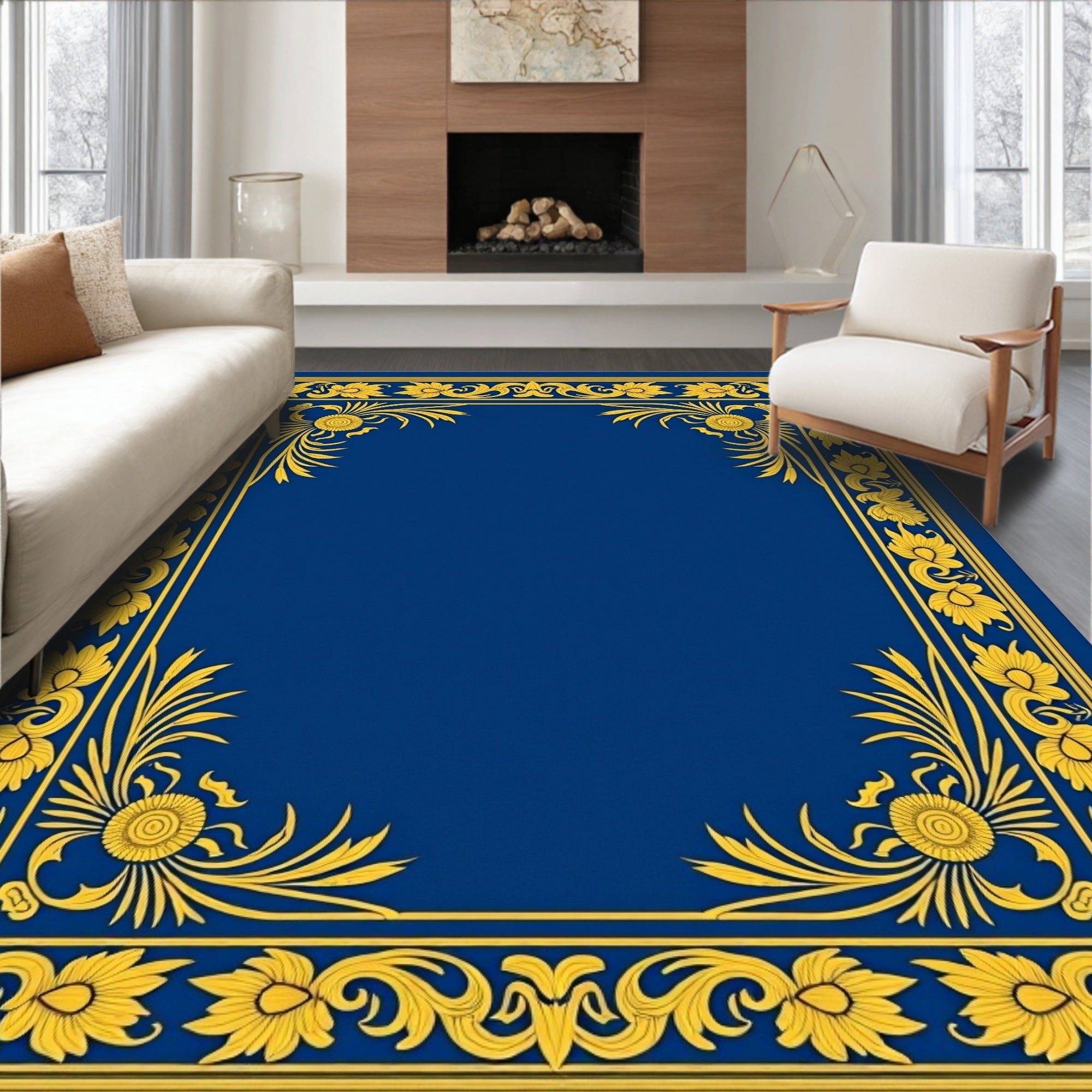 Royal Blue Golden Floral Scroll Frame Rug