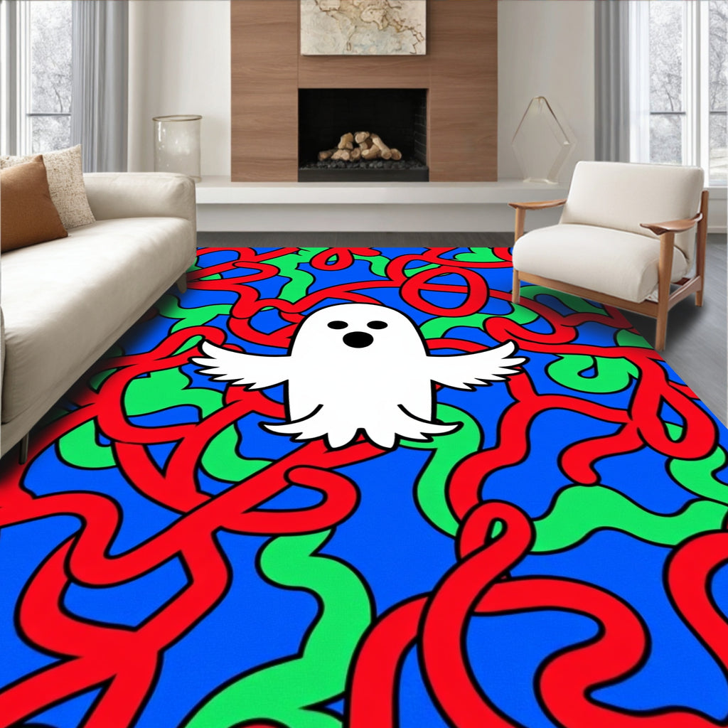 Whimsical White Ghost Red Green Swirls Rug