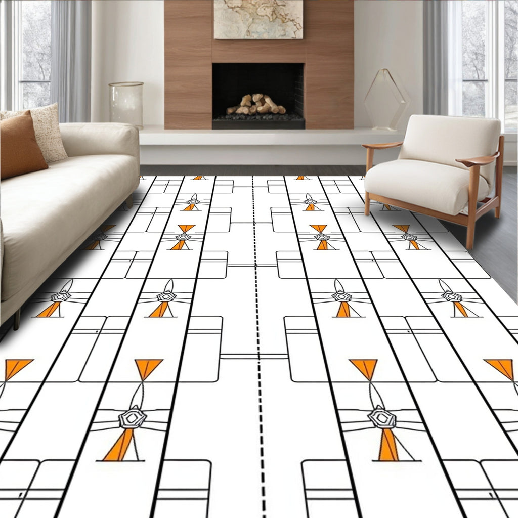 White Orange Geometric Abstract Frame Rug
