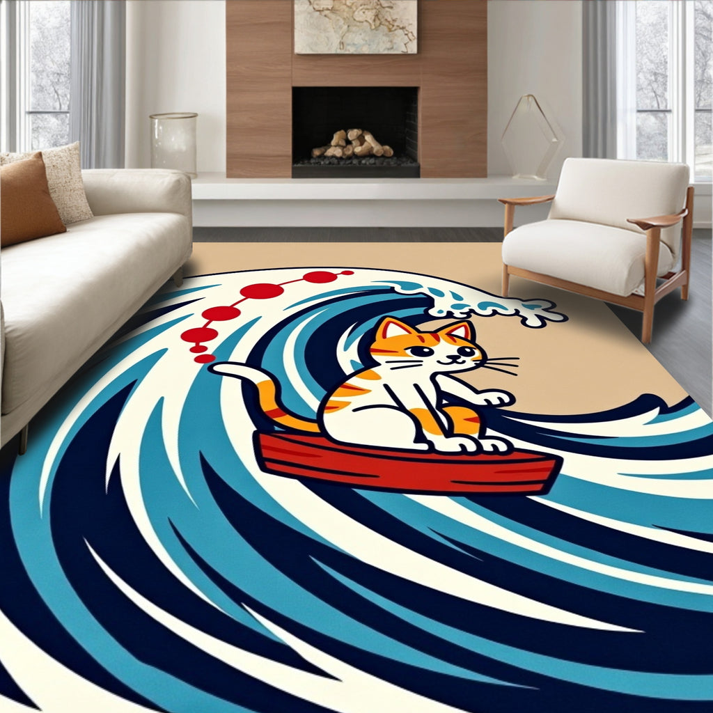 Kitten on Red Boat Great Wave Rug
