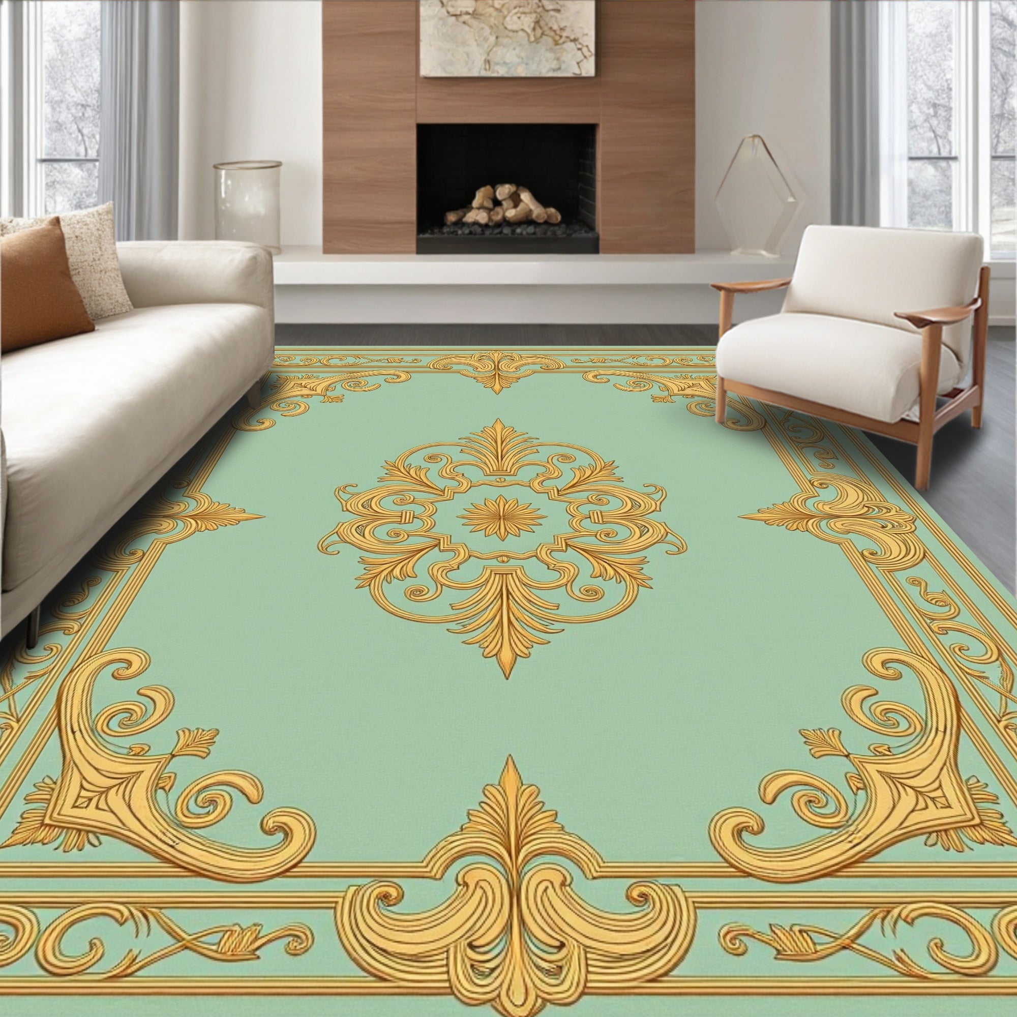 Golden Floral Scroll Panel Medallion Rug
