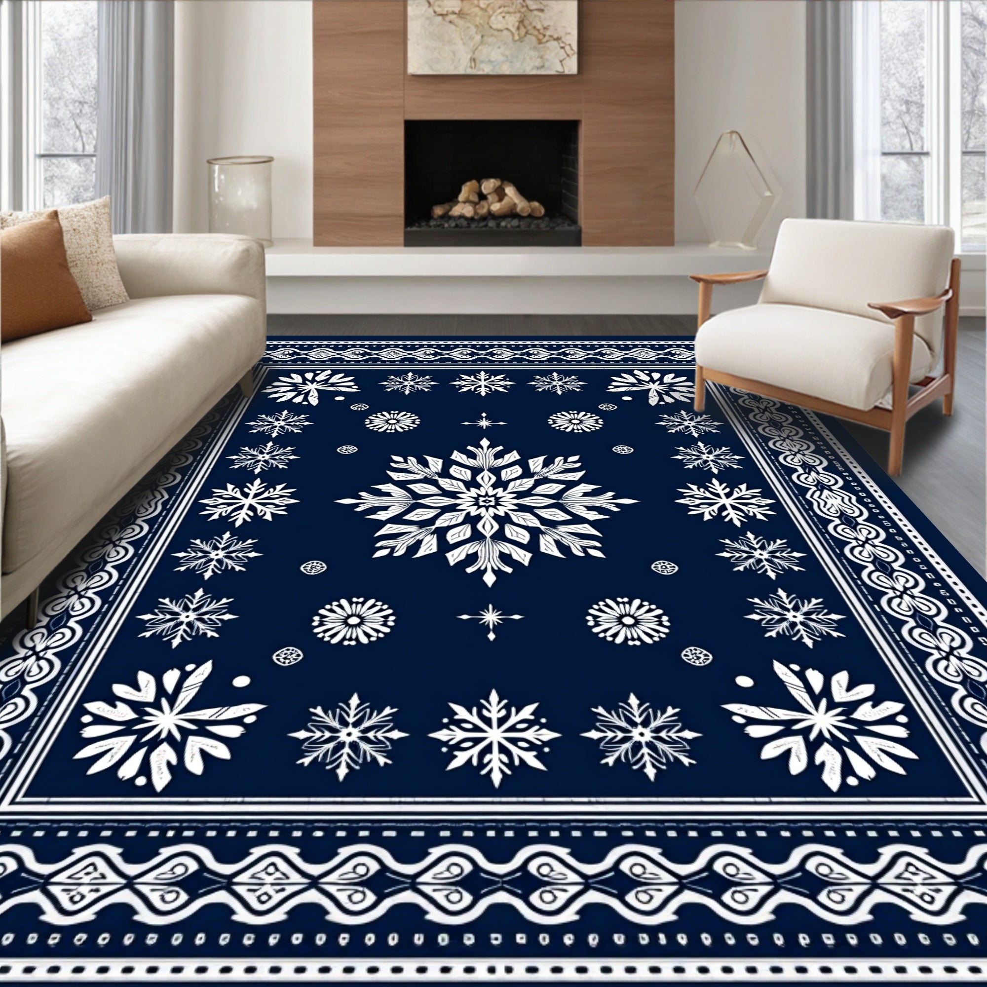 Navy Blue White Snowflake Mandala Rug