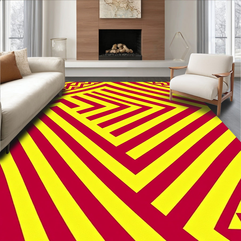 Vibrant Red Yellow Geometric Maze Rug