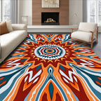 Vibrant Ochre Teal Sunburst Mandala Rug