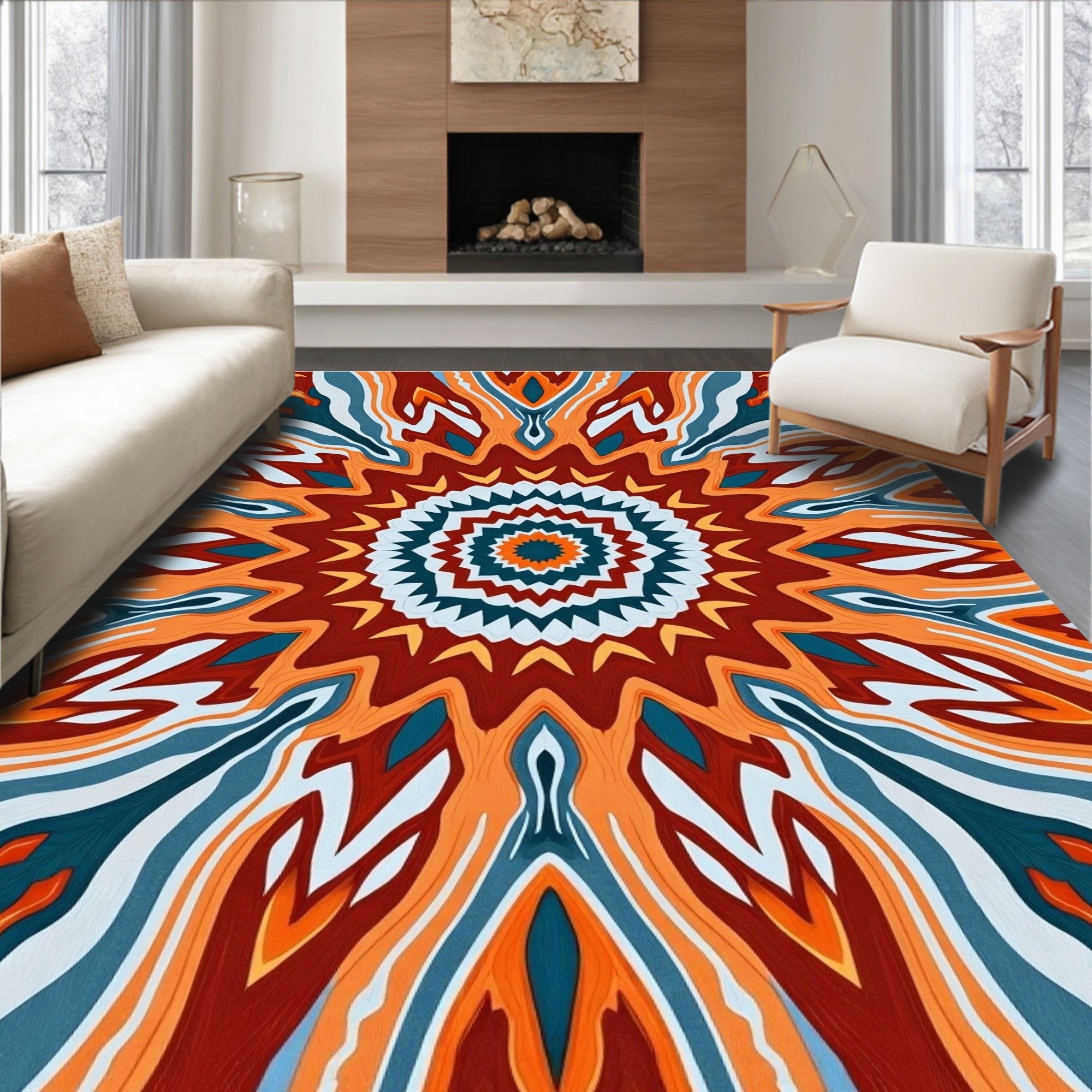Vibrant Ochre Teal Sunburst Mandala Rug