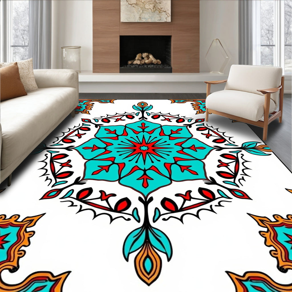 Turquoise Red Starburst Mandala Frame Rug