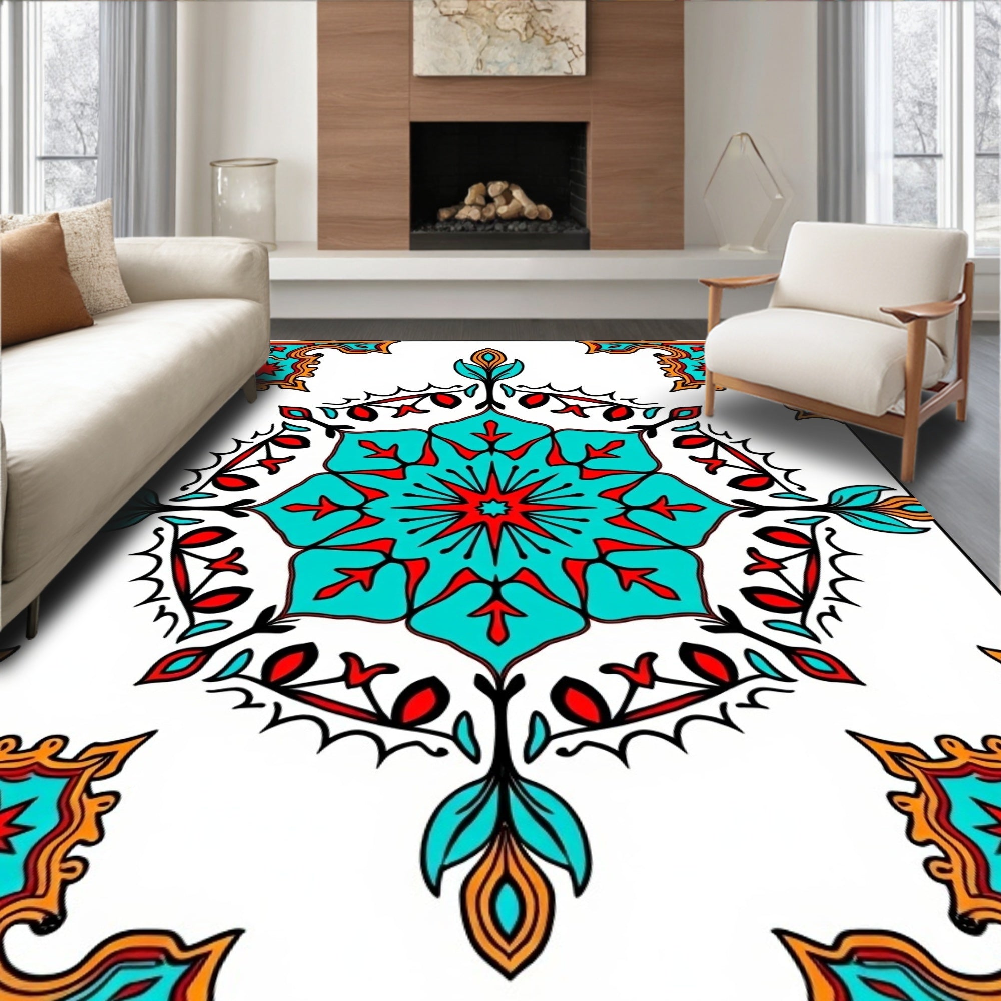 Turquoise Red Starburst Mandala Frame Rug
