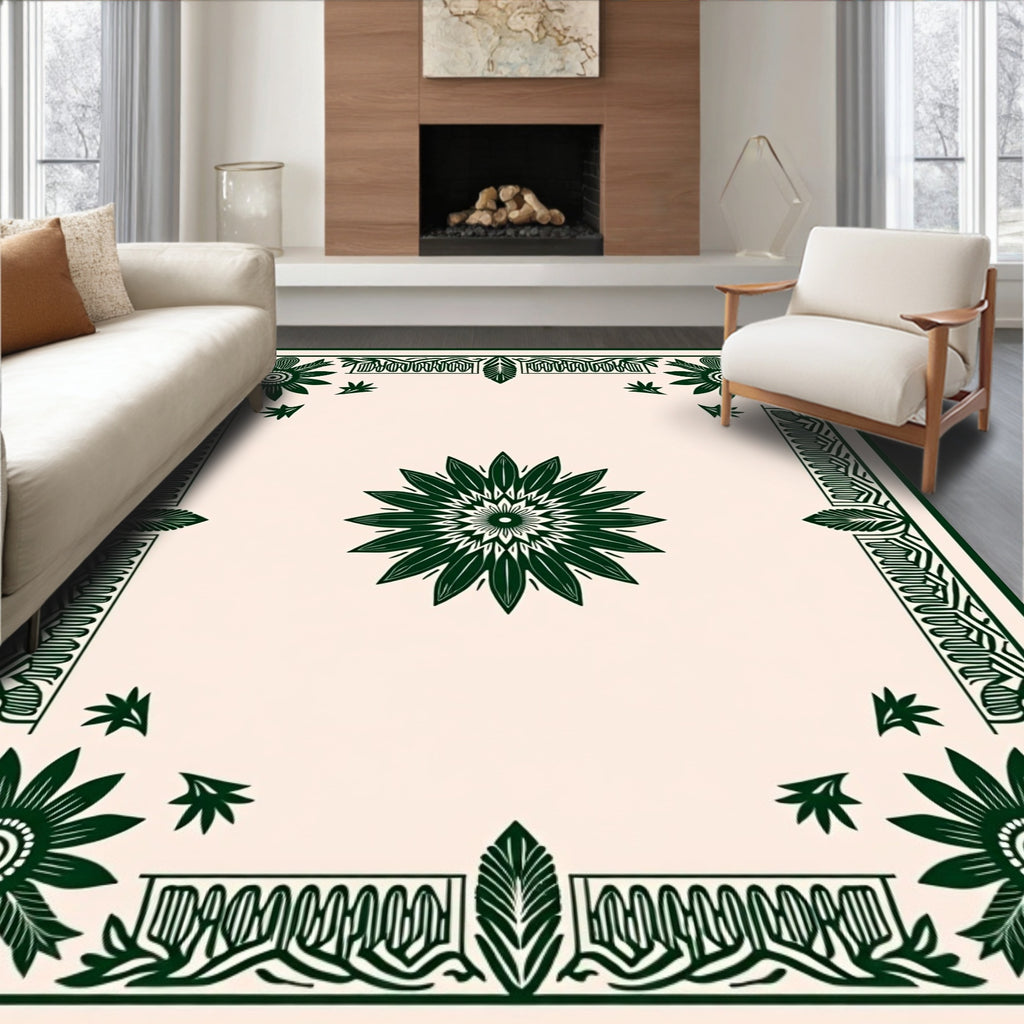 Dark Green Floral Border Medallion Rug