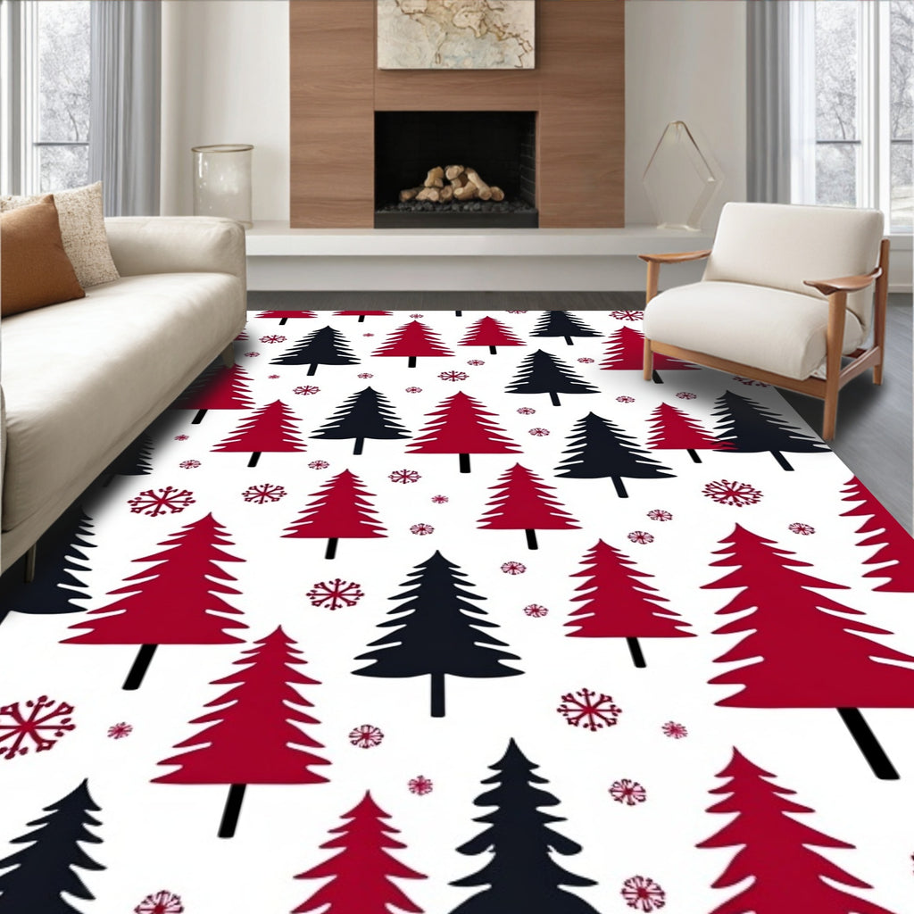 Crimson Black Evergreen Snowflakes Rug