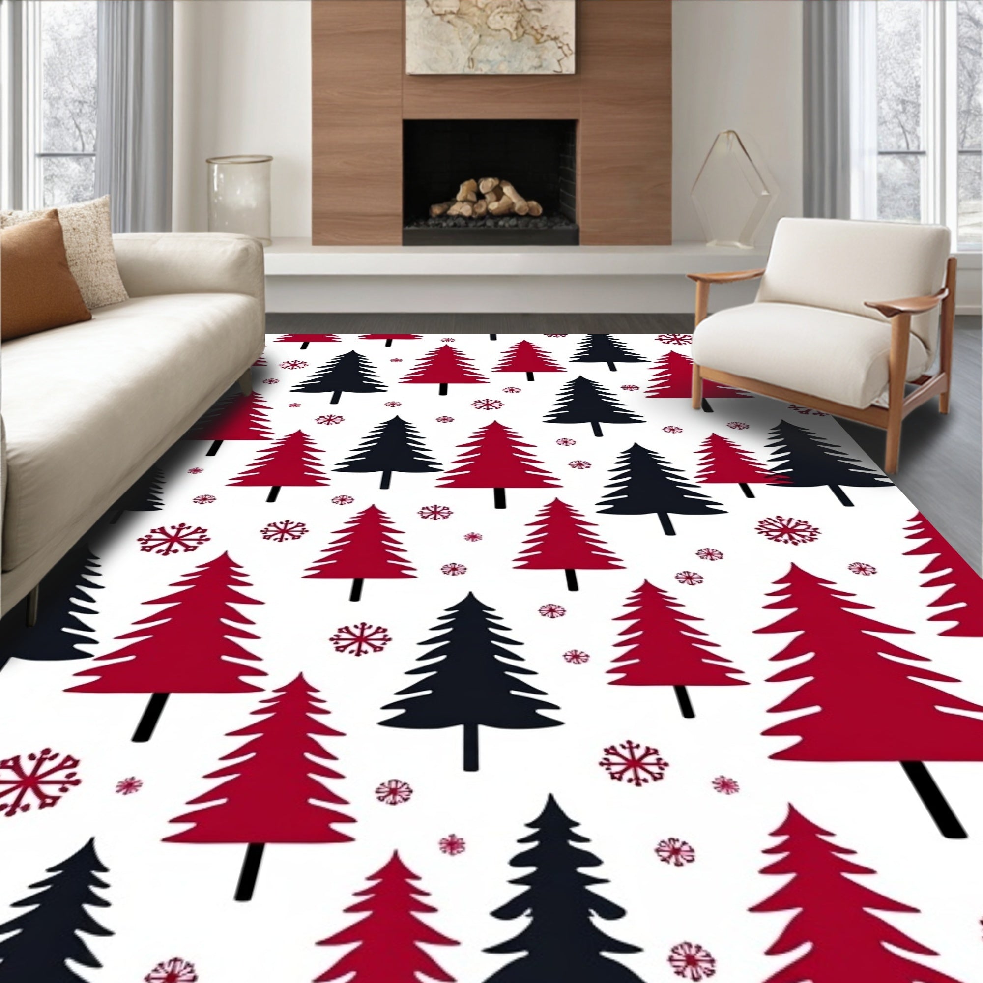 Crimson Black Evergreen Snowflakes Rug
