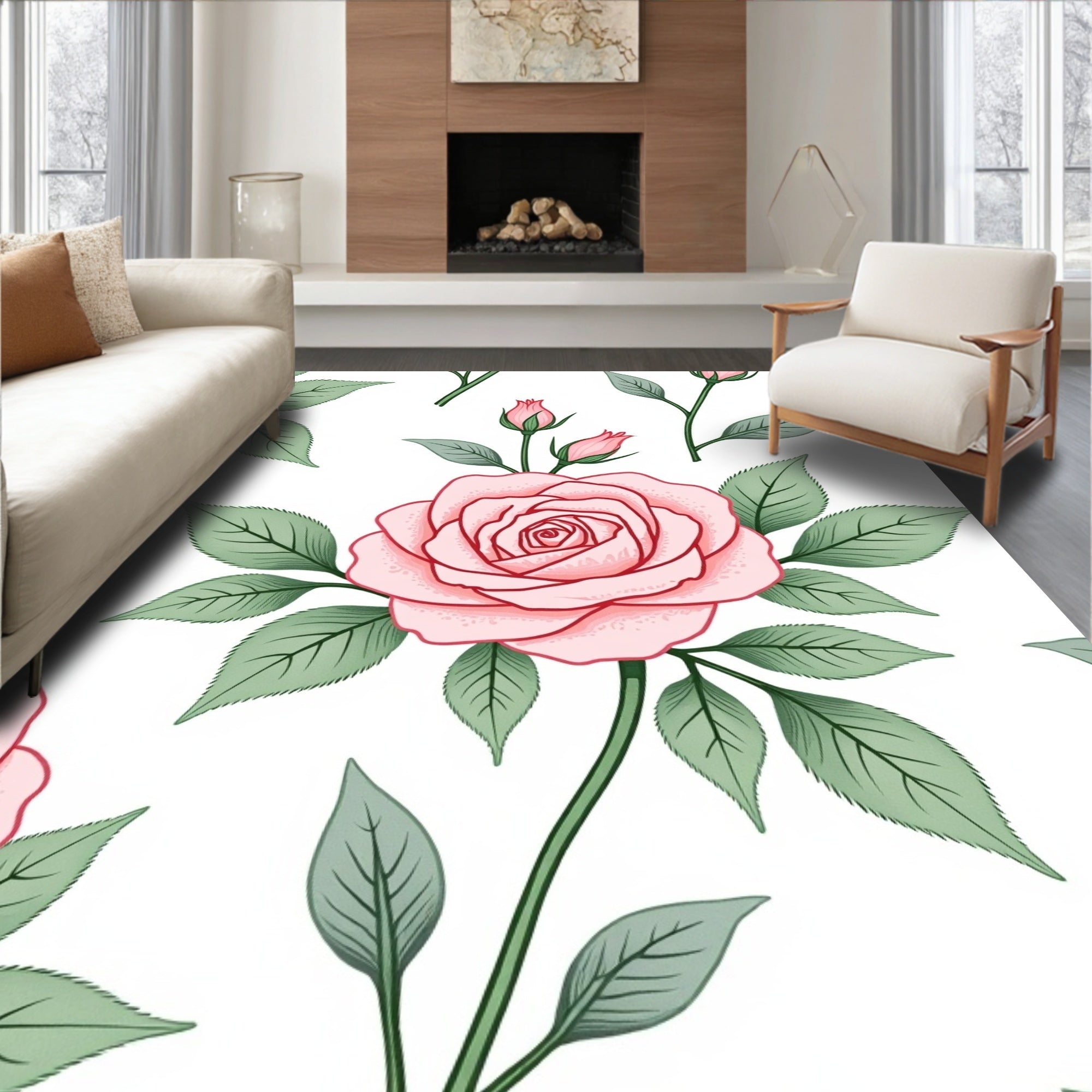 Soft Pink Rose Garden Floral Art Rug