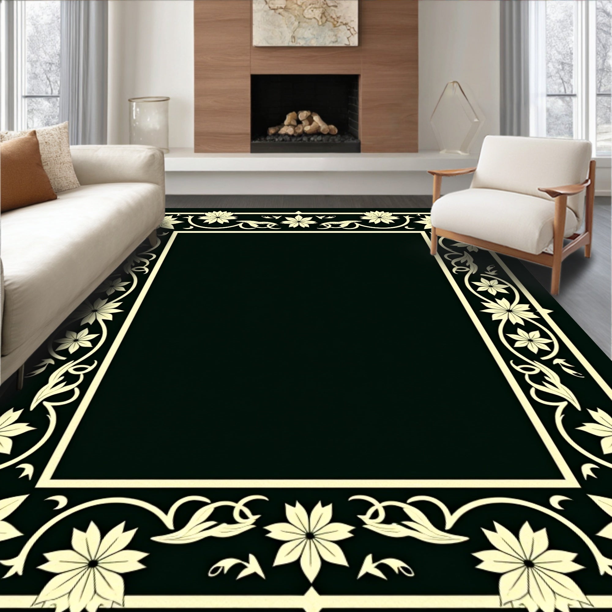 Cream Floral Vine Border Rug
