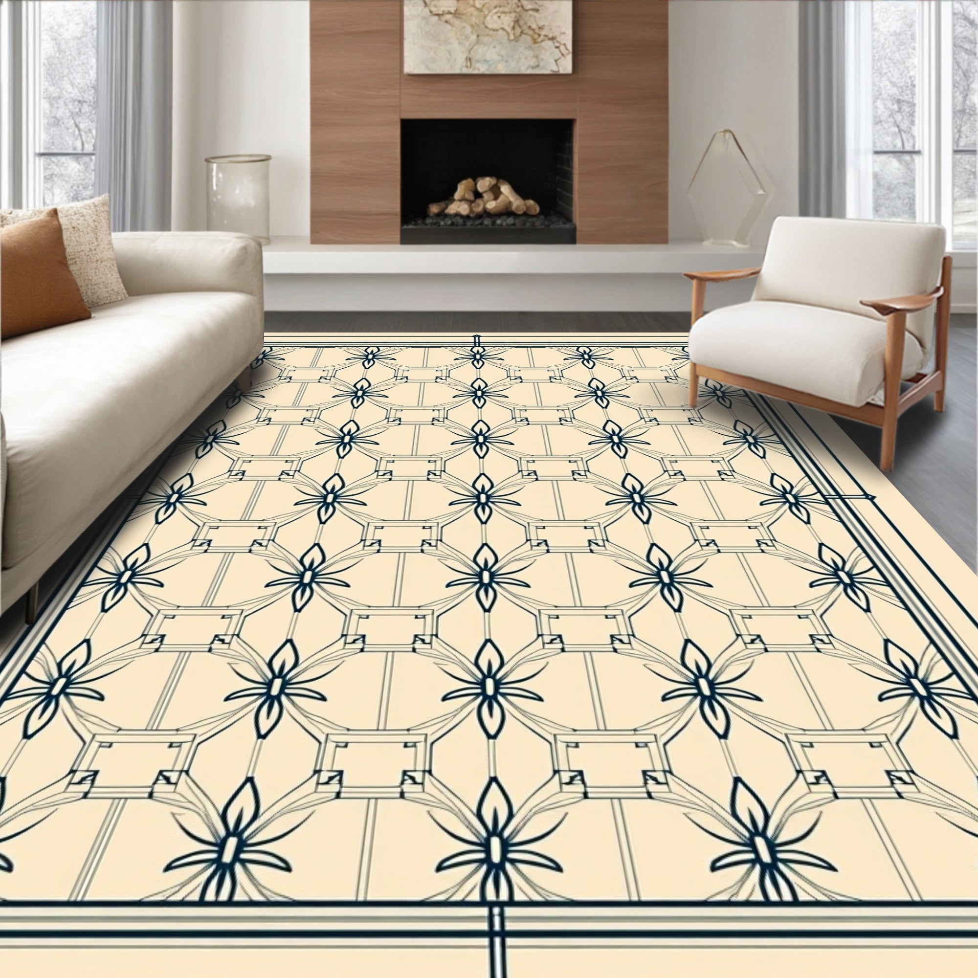 Navy Blue Botanical Lattice Rug