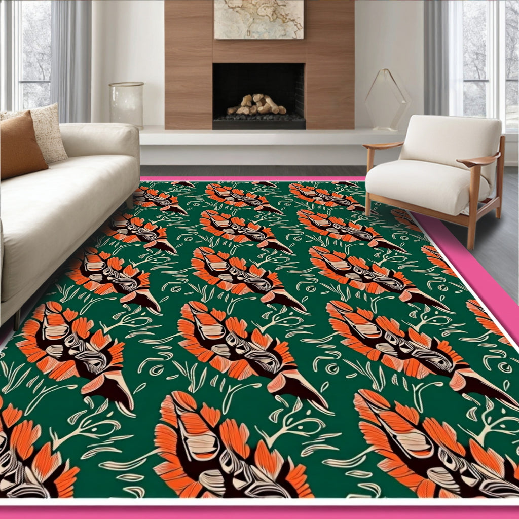 Emerald Green Orange Feather Medallion Rug