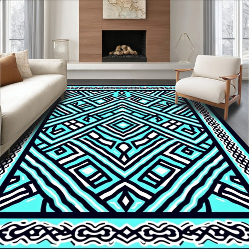 Aqua Black Geometric Interlocking Lines Rug