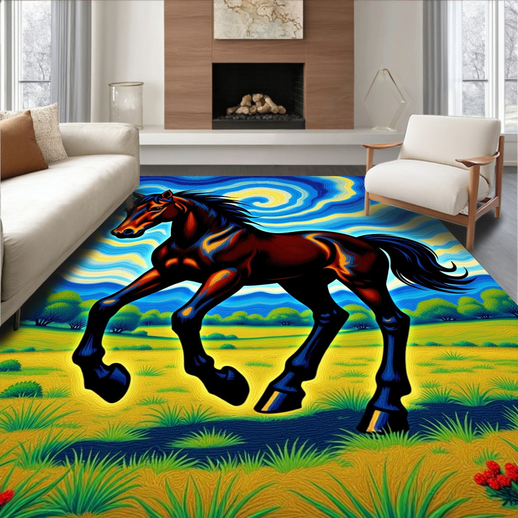 Vibrant Horse Galloping Under Swirling Sky Rug
