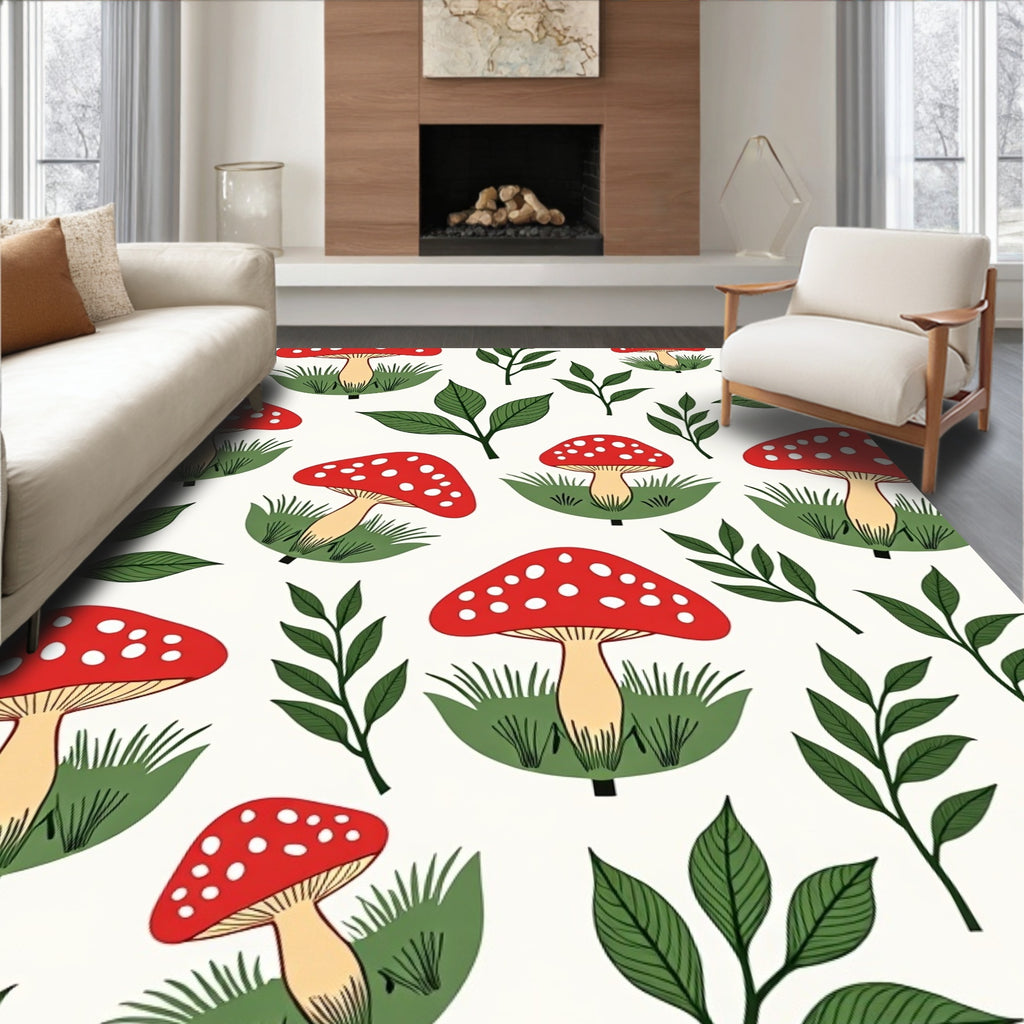 Whimsical Red Mushroom Garden Leaves Rug