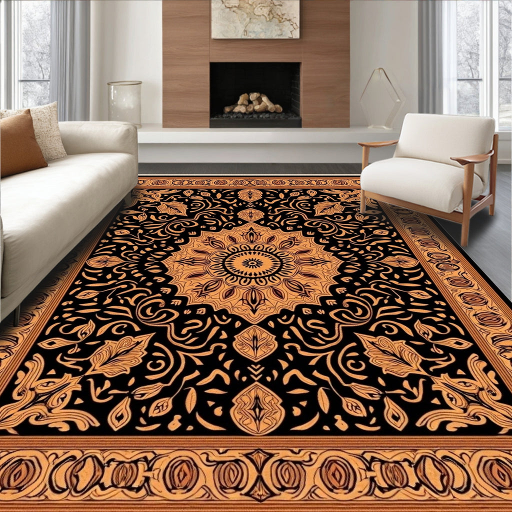 Golden Black Medallion Floral Border Rug