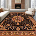 Golden Black Medallion Floral Border Rug