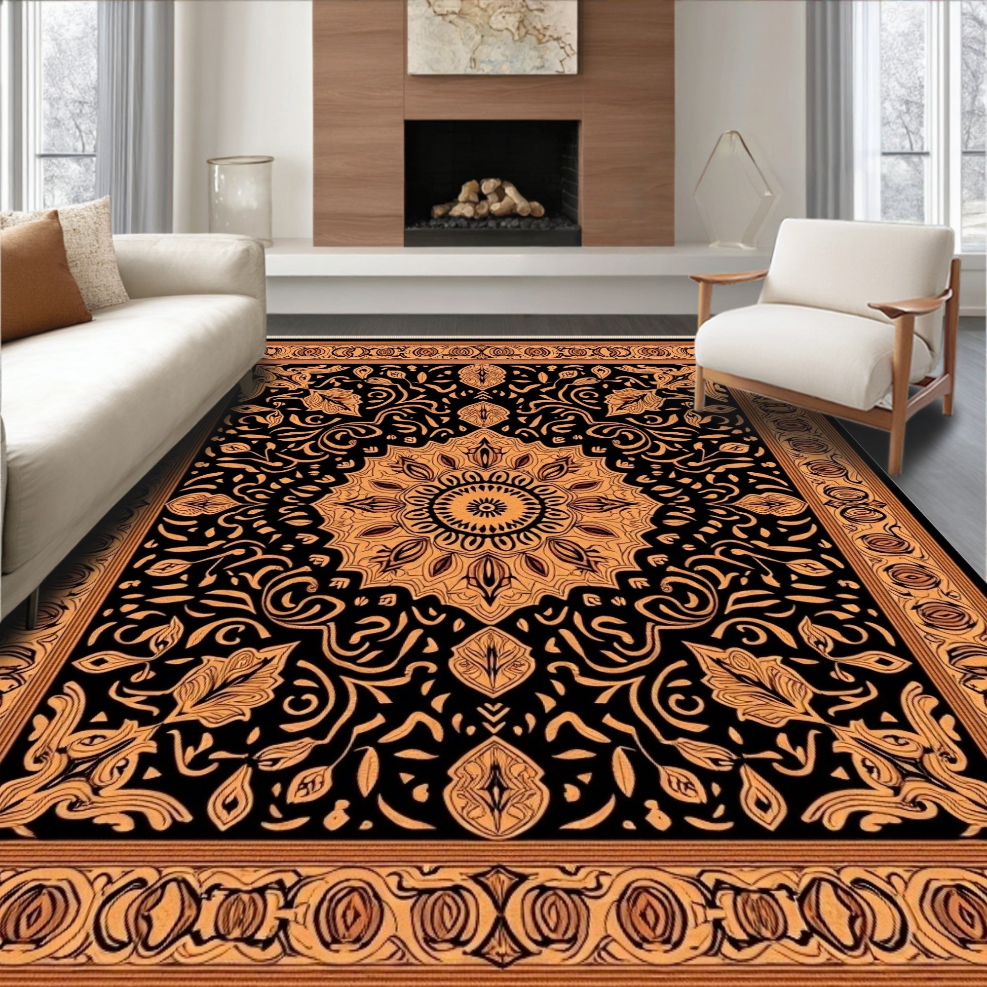 Golden Black Medallion Floral Border Rug