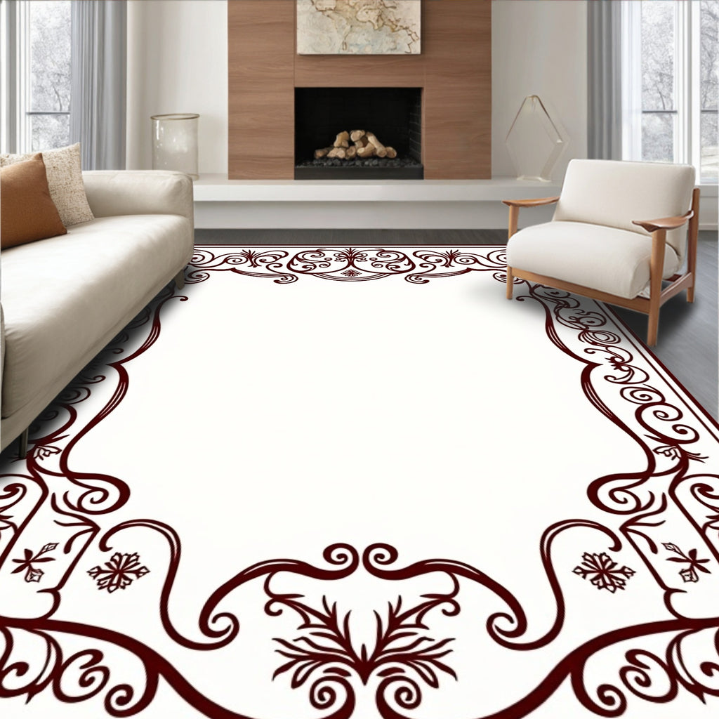 Deep Burgundy Ornate Scroll Vine Frame Rug