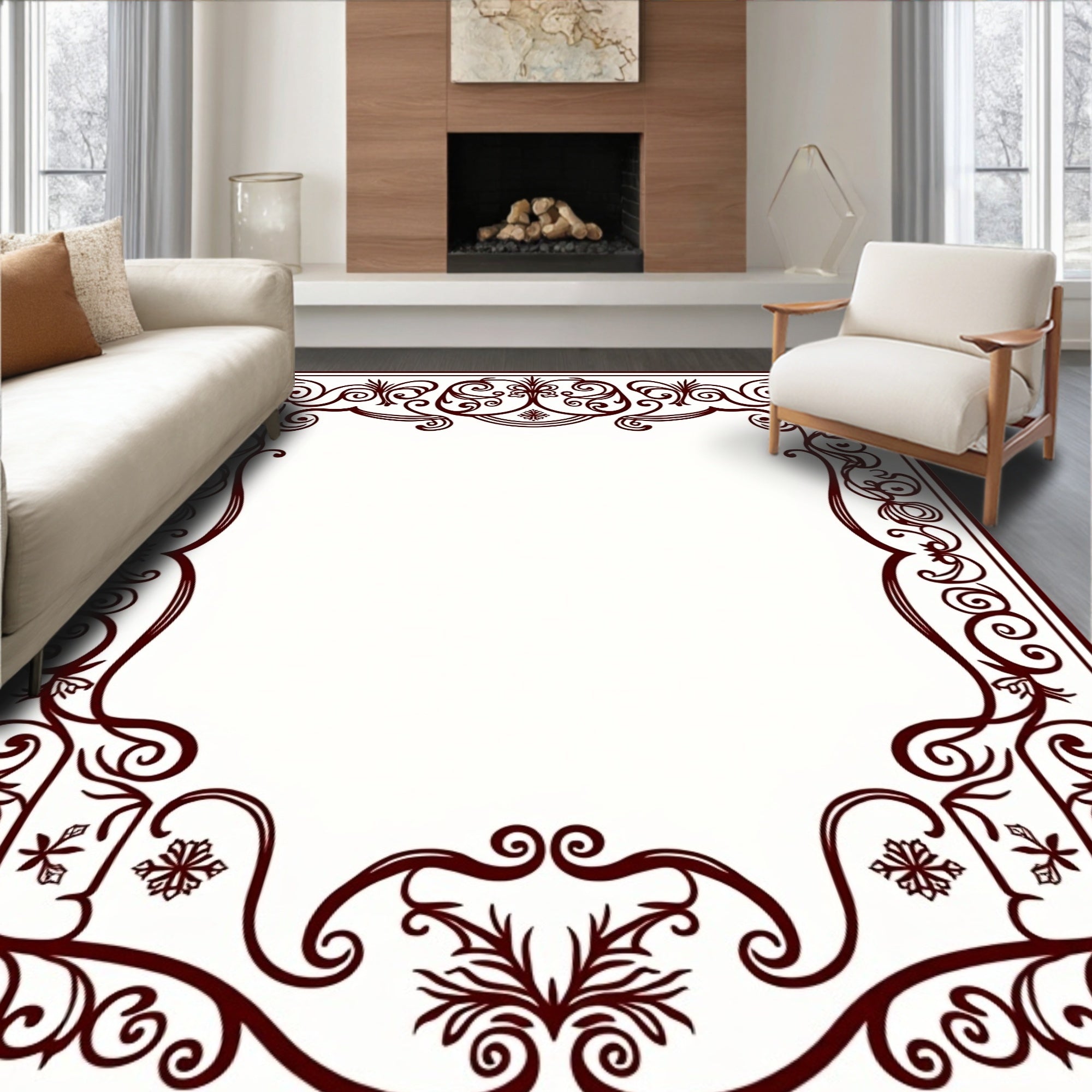 Deep Burgundy Ornate Scroll Vine Frame Rug