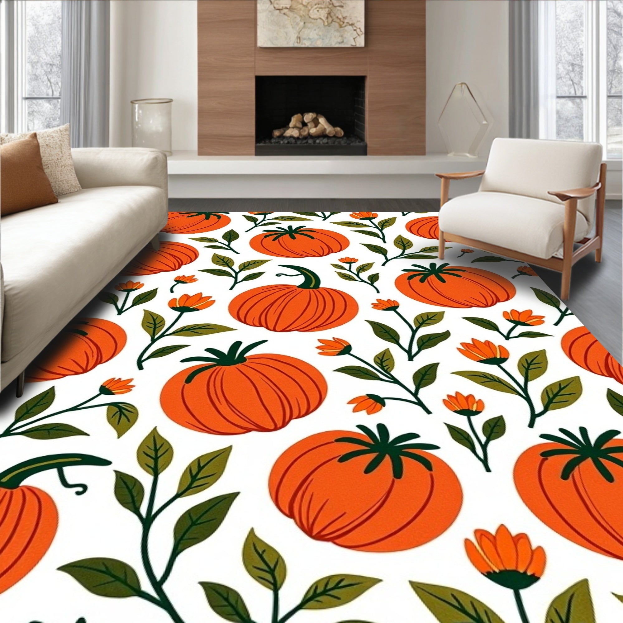 Orange Pumpkin and Floral Whimsy Rug