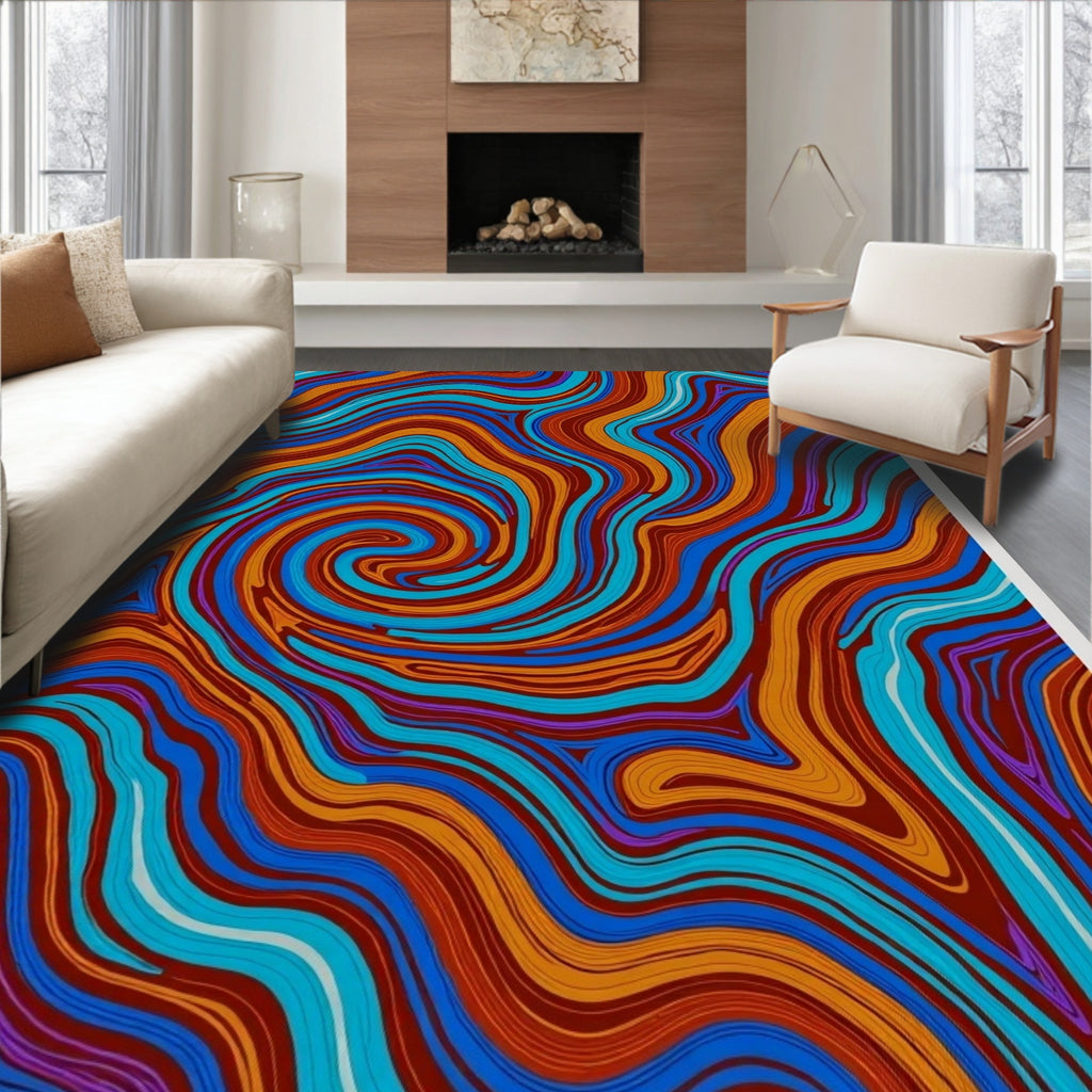Crimson Orange Blue Swirl Topography Rug