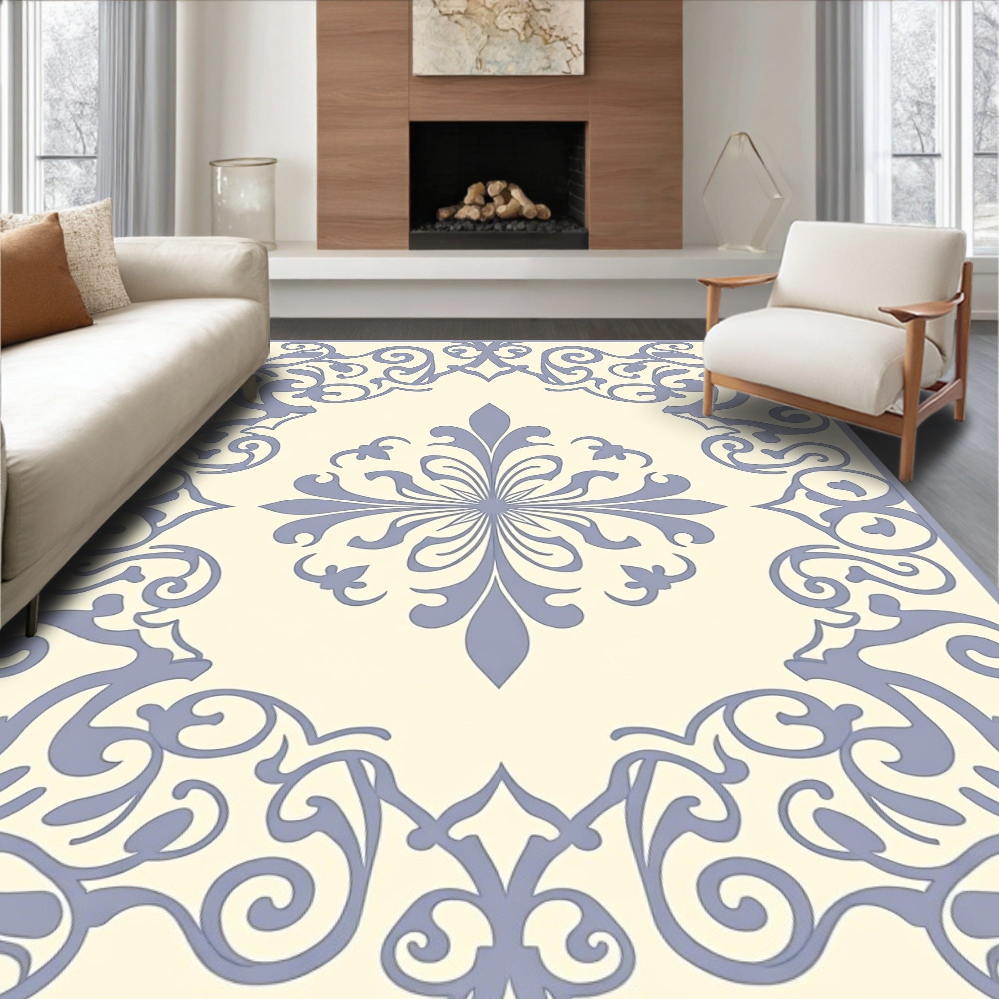 Cream And Lavender Scrollwork Medallion Rug