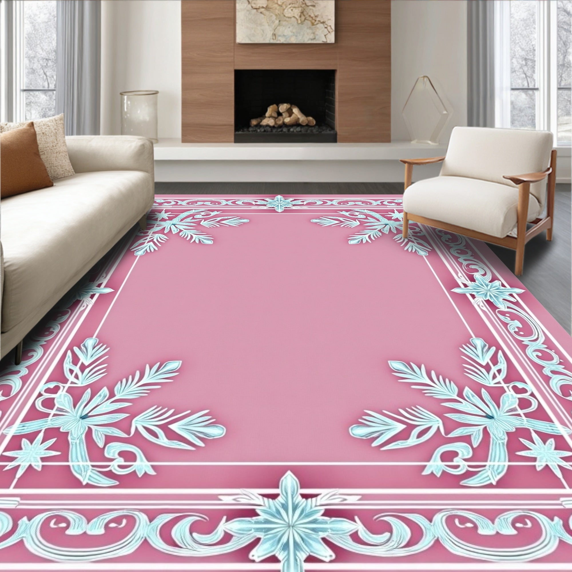 Regal Pink Floral Snowflake Border Rug