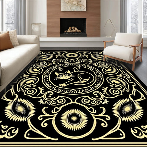 Black Gold Whimsical Cat Medallion Rug