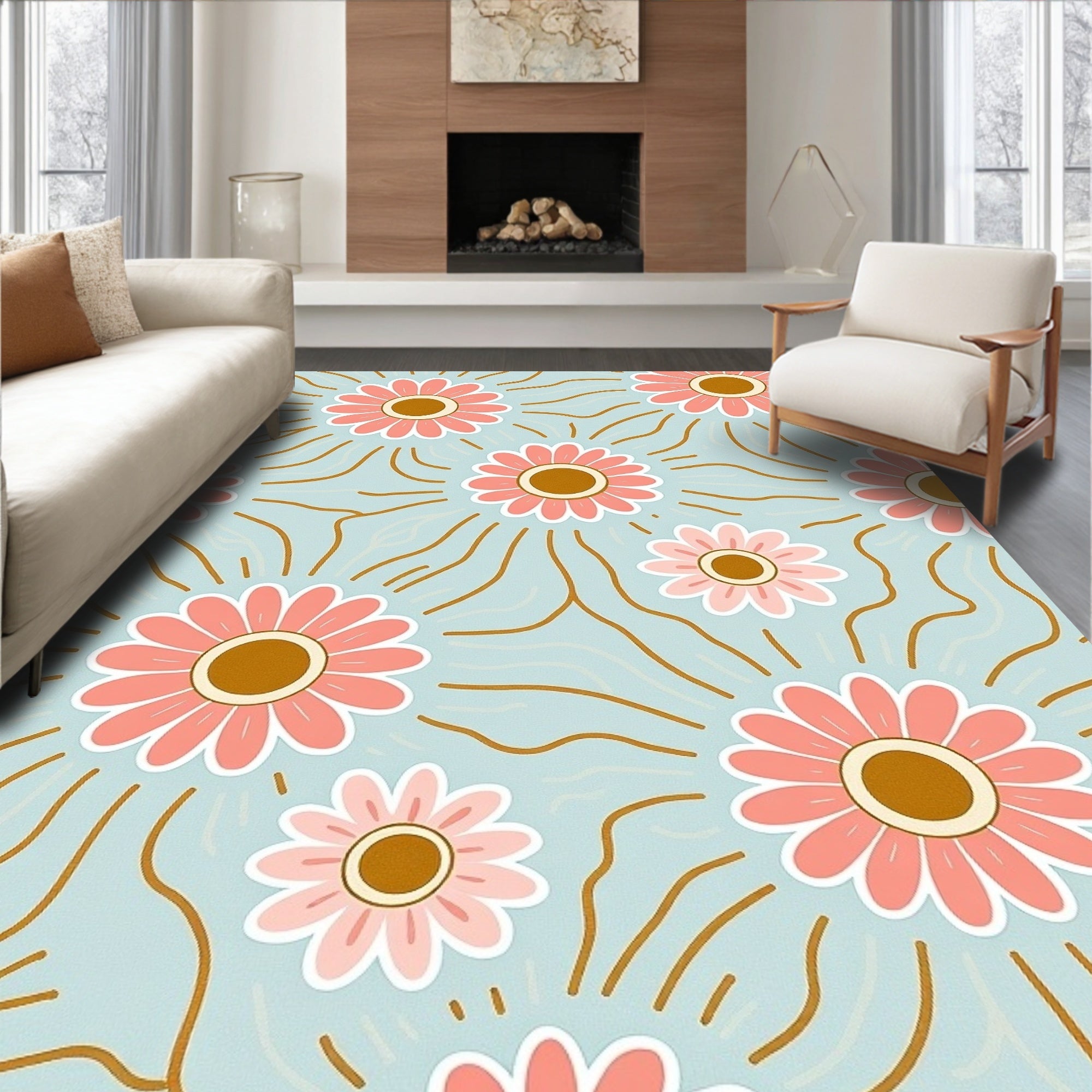Retro Coral Daisy Burst Rug