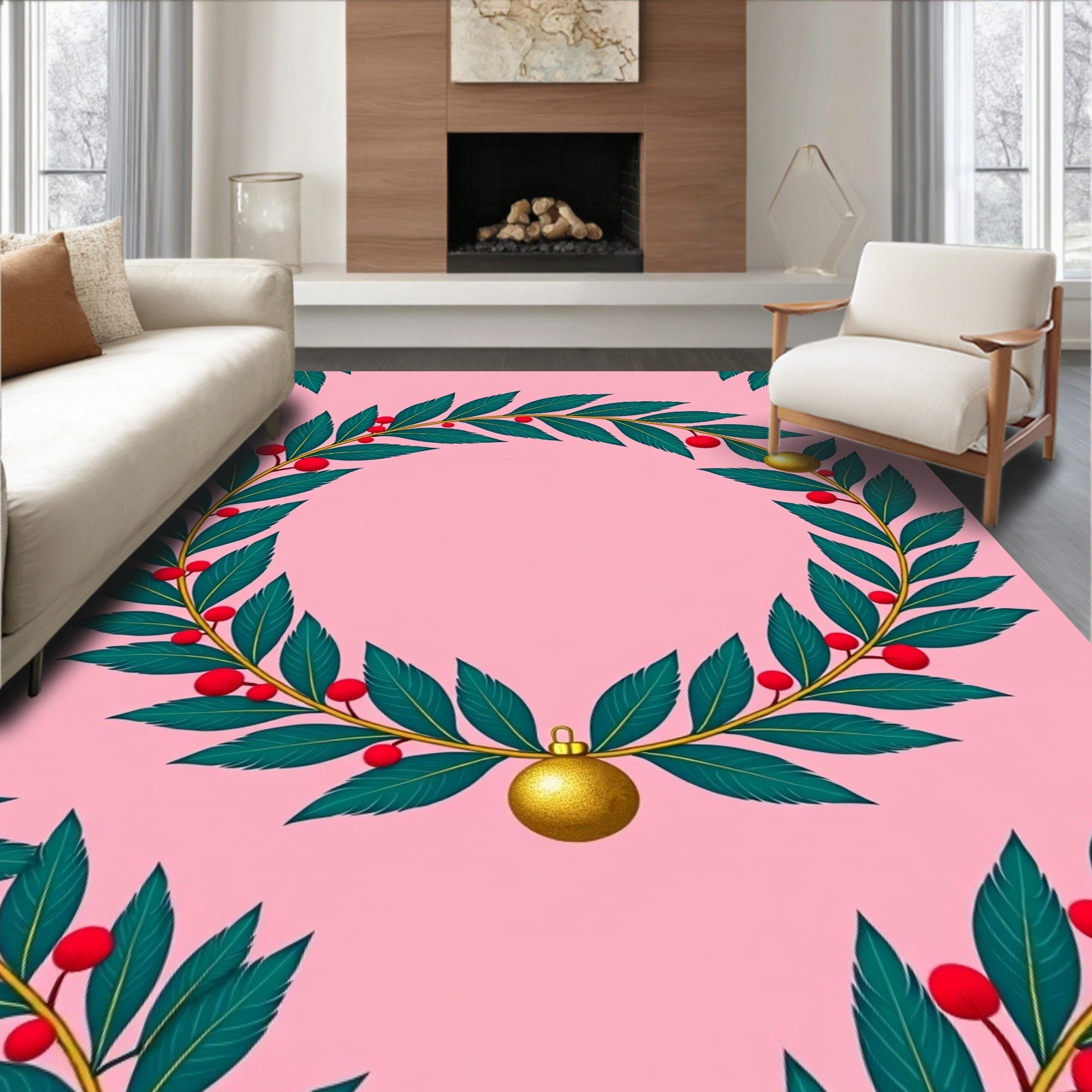Festive Holly Berry Wreath Rug
