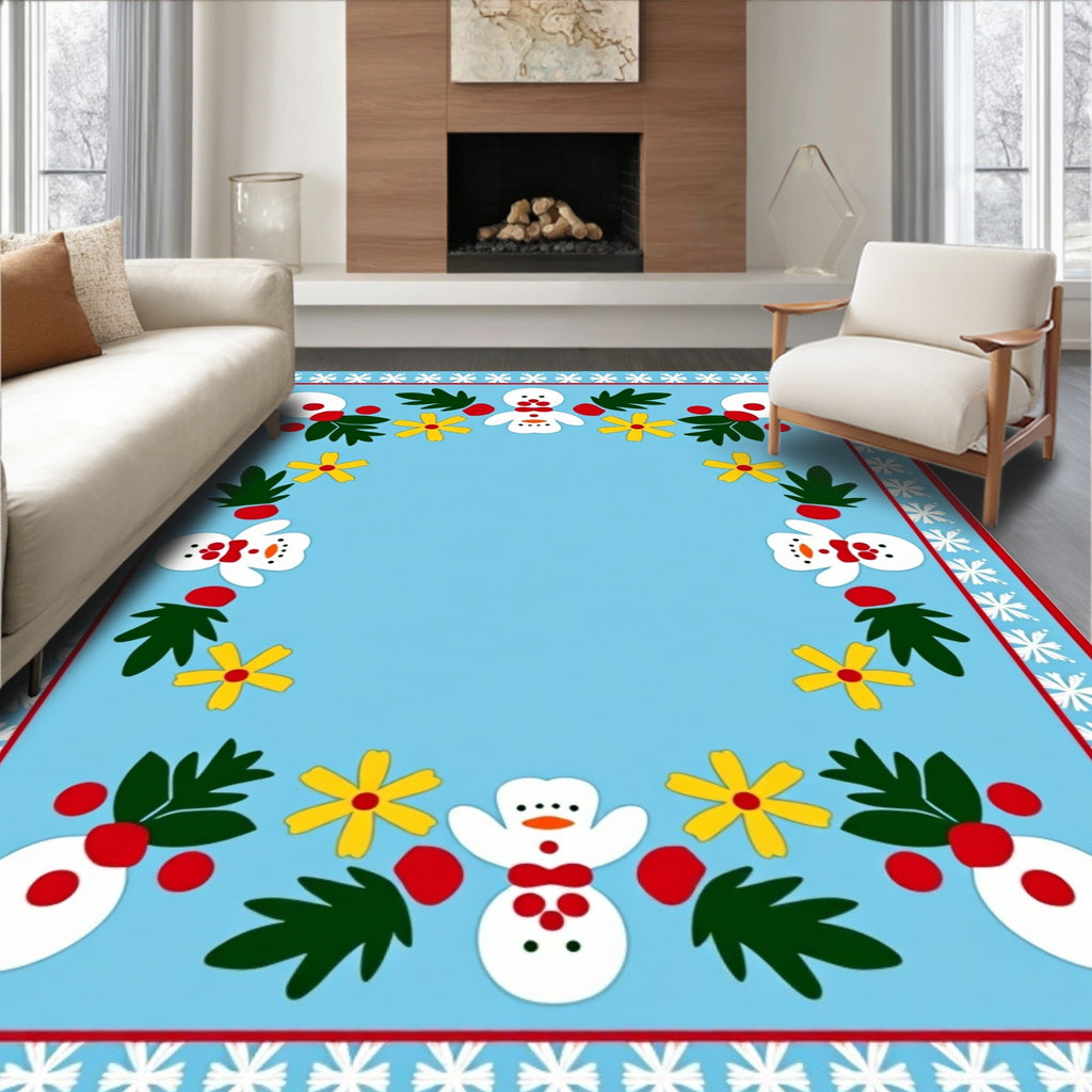 Light Blue Snowman Flower Border Rug