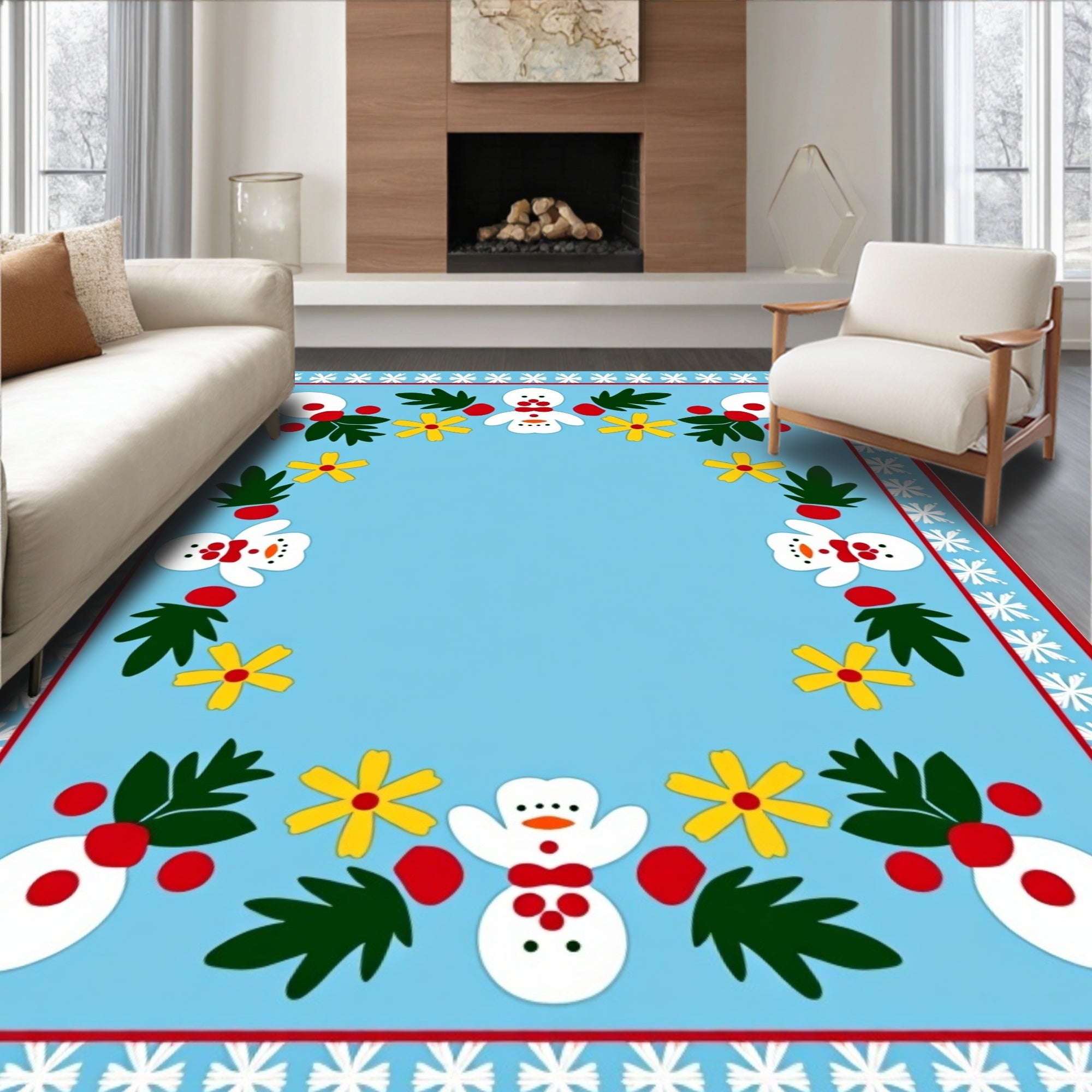 Light Blue Snowman Flower Border Rug