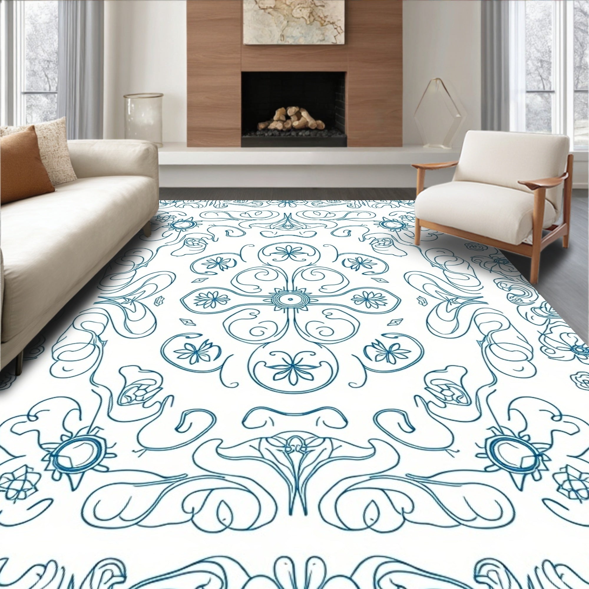 Cyan Floral Scrollwork Symmetry Rug
