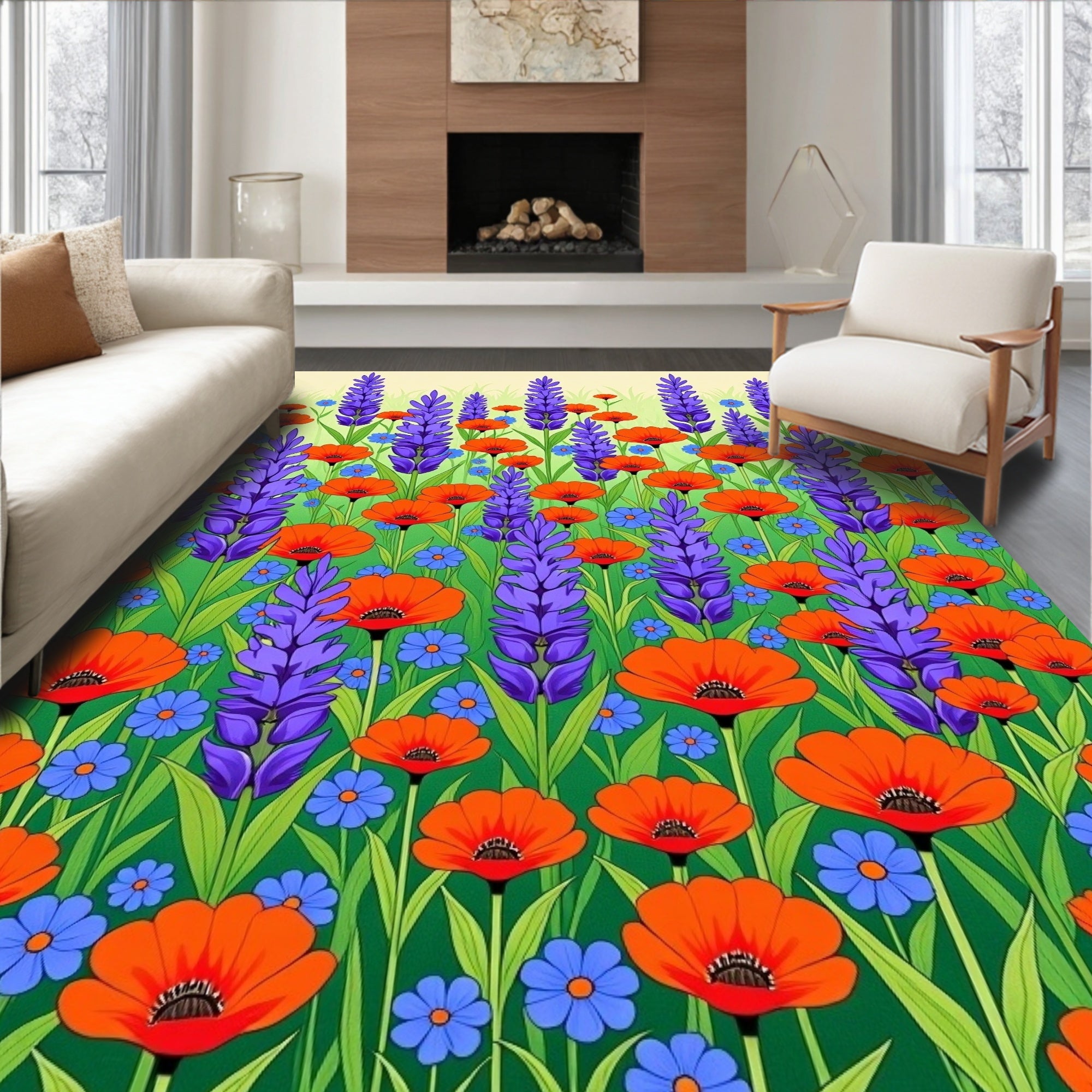 Vibrant Orange Blue Lavender Garden Rug
