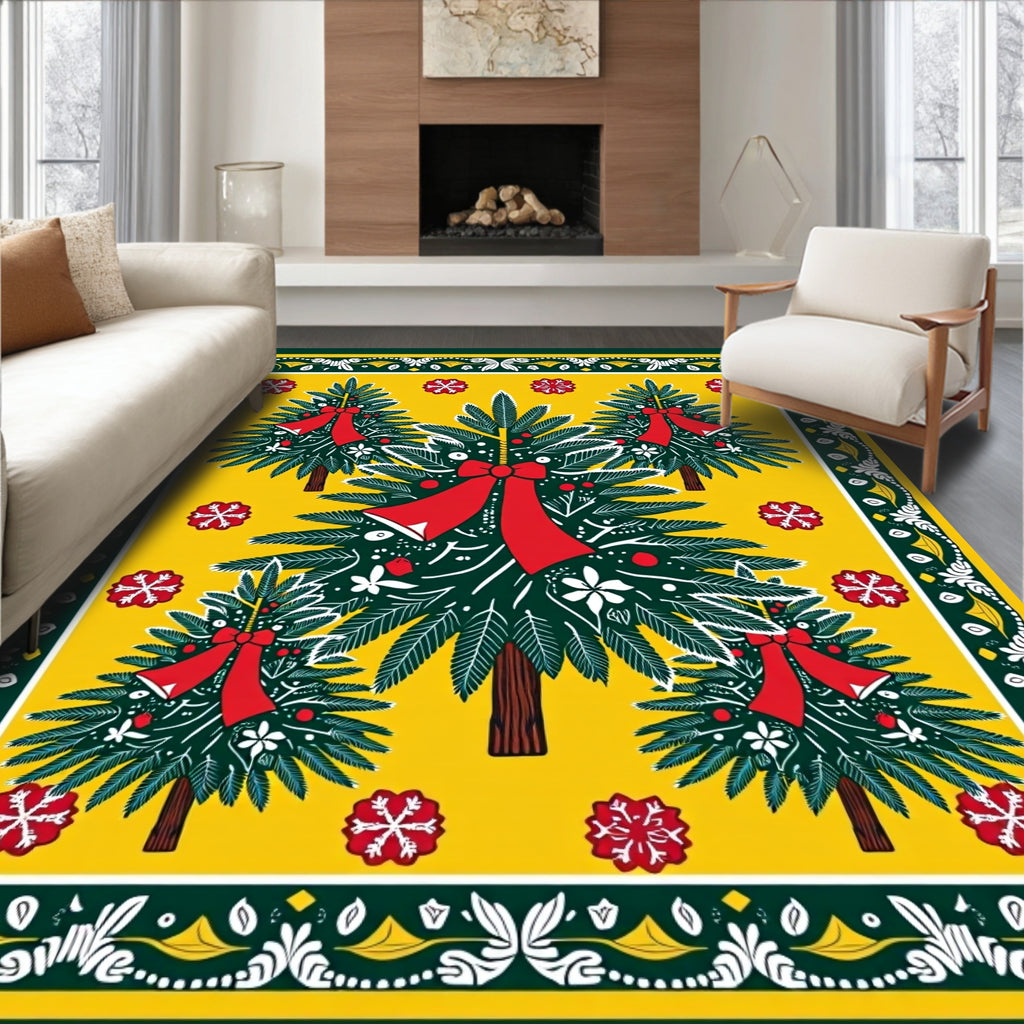 Festive Pine Trees Red Bow Snowflakes Yellow Rug